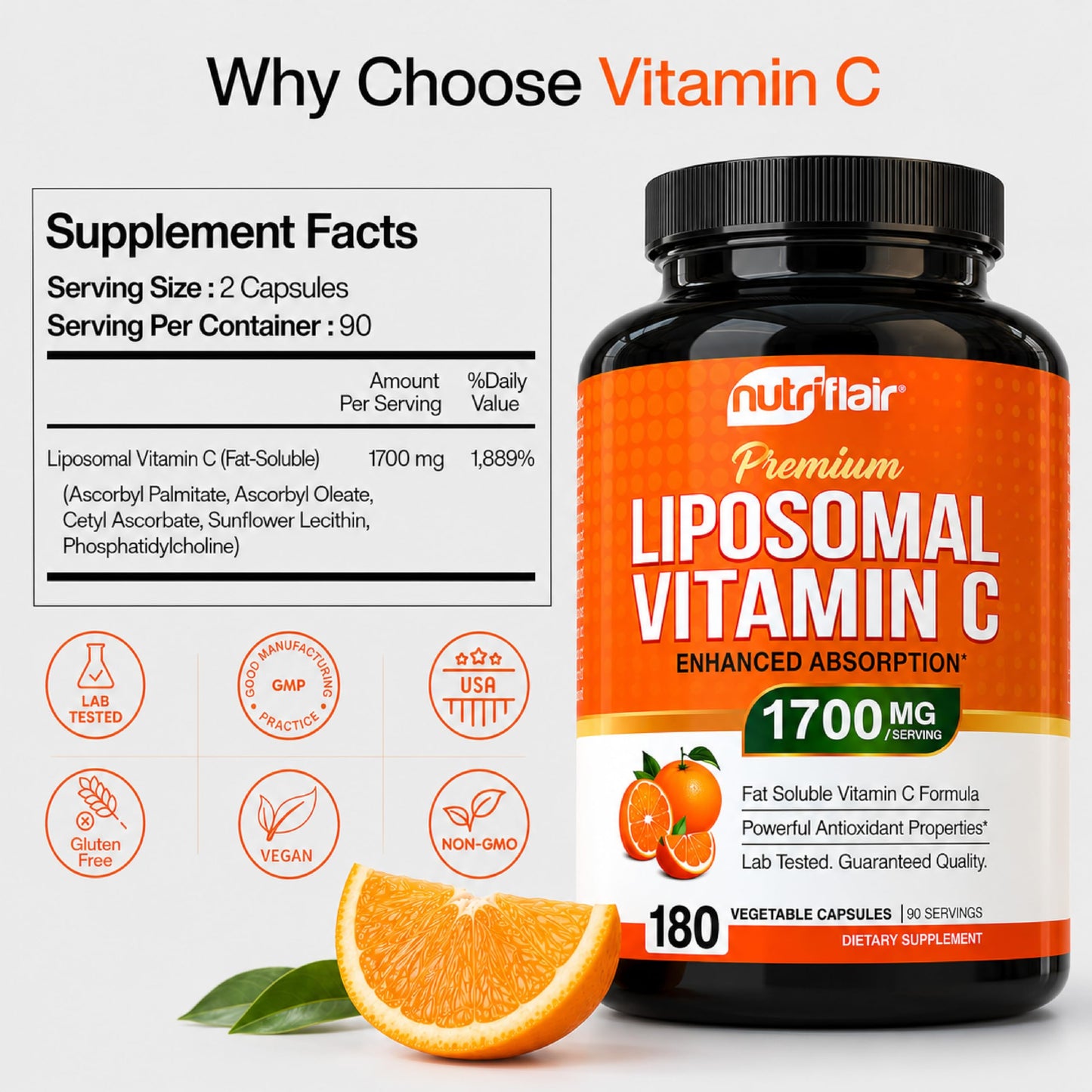 NutriFlair Liposomal Vitamin C 1700mg Capsules 180 Count