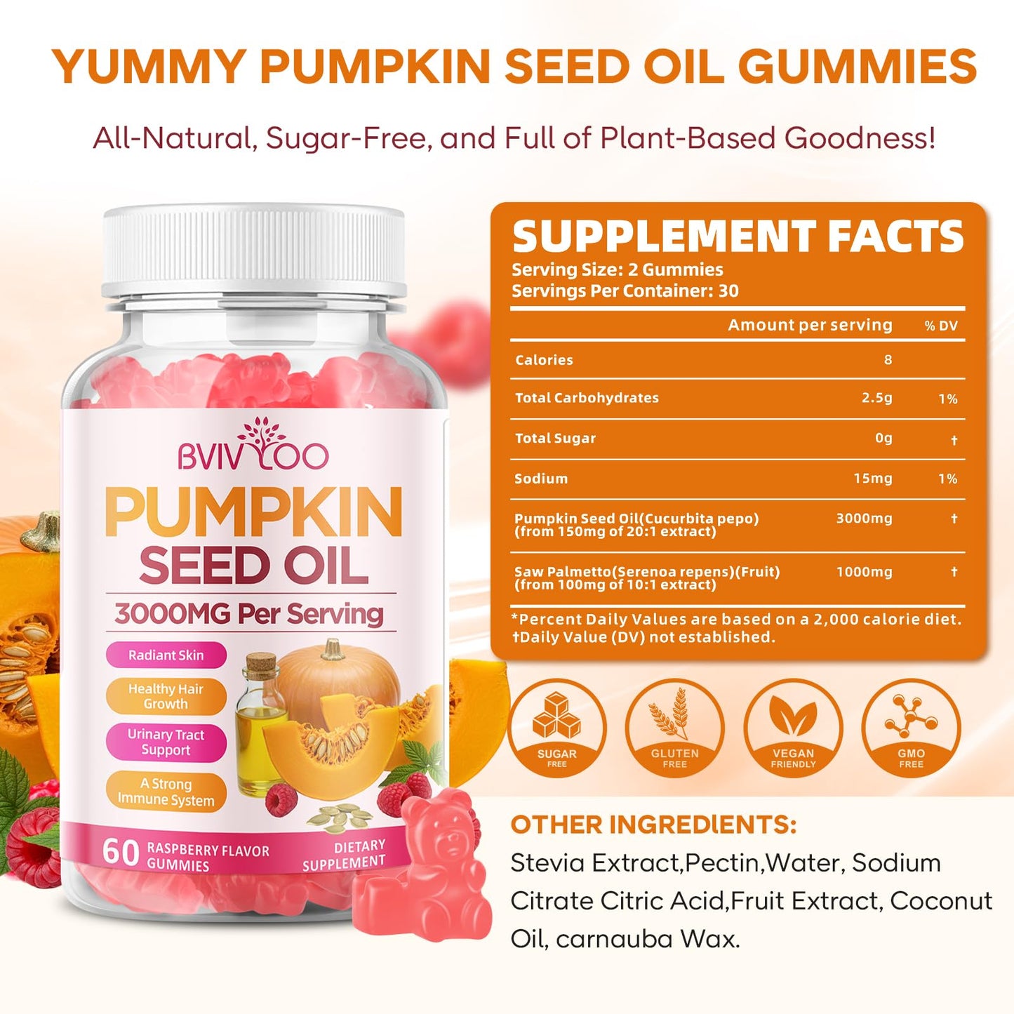 BVIVLOO Pumpkin Seed Oil Gummies with Saw Palmetto, 60 Count