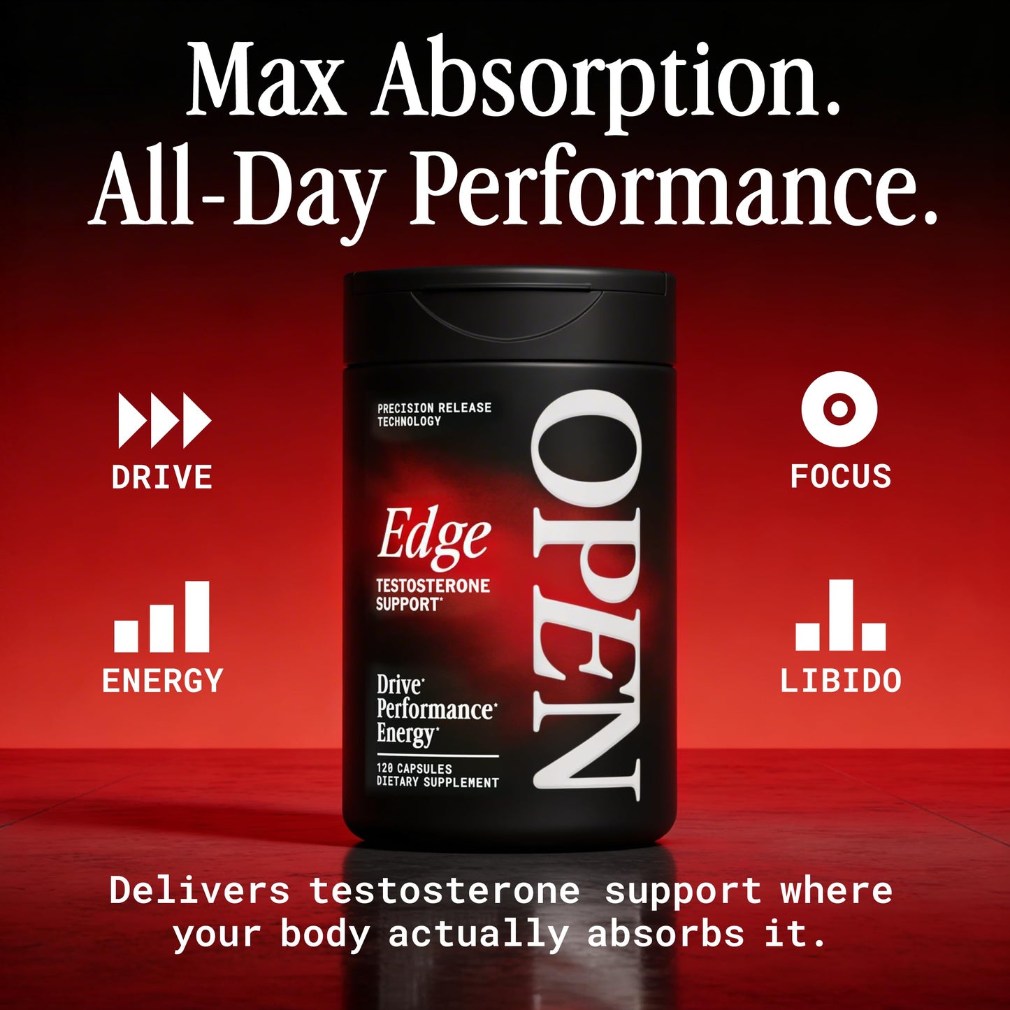 OPEN Essentials Testosterone Booster for Men - Drive, Energy & Muscle Support - 11-in-1 Formula, Tongkat Ali, KSM-66 Ashwagandha, Fenugreek, Boron, DIM - 120 Max Absorption Capsules