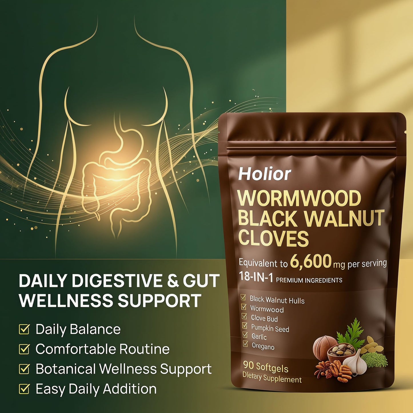 HOLIOR 18-in-1 Black Walnut Wormwood Herbal Wellness Blend with Clove, Garlic, Turmeric, Pumpkin Seed, Oregano, Berberine & More Daily Digestive & Gut Balance Support Supplement 90 Softgels
