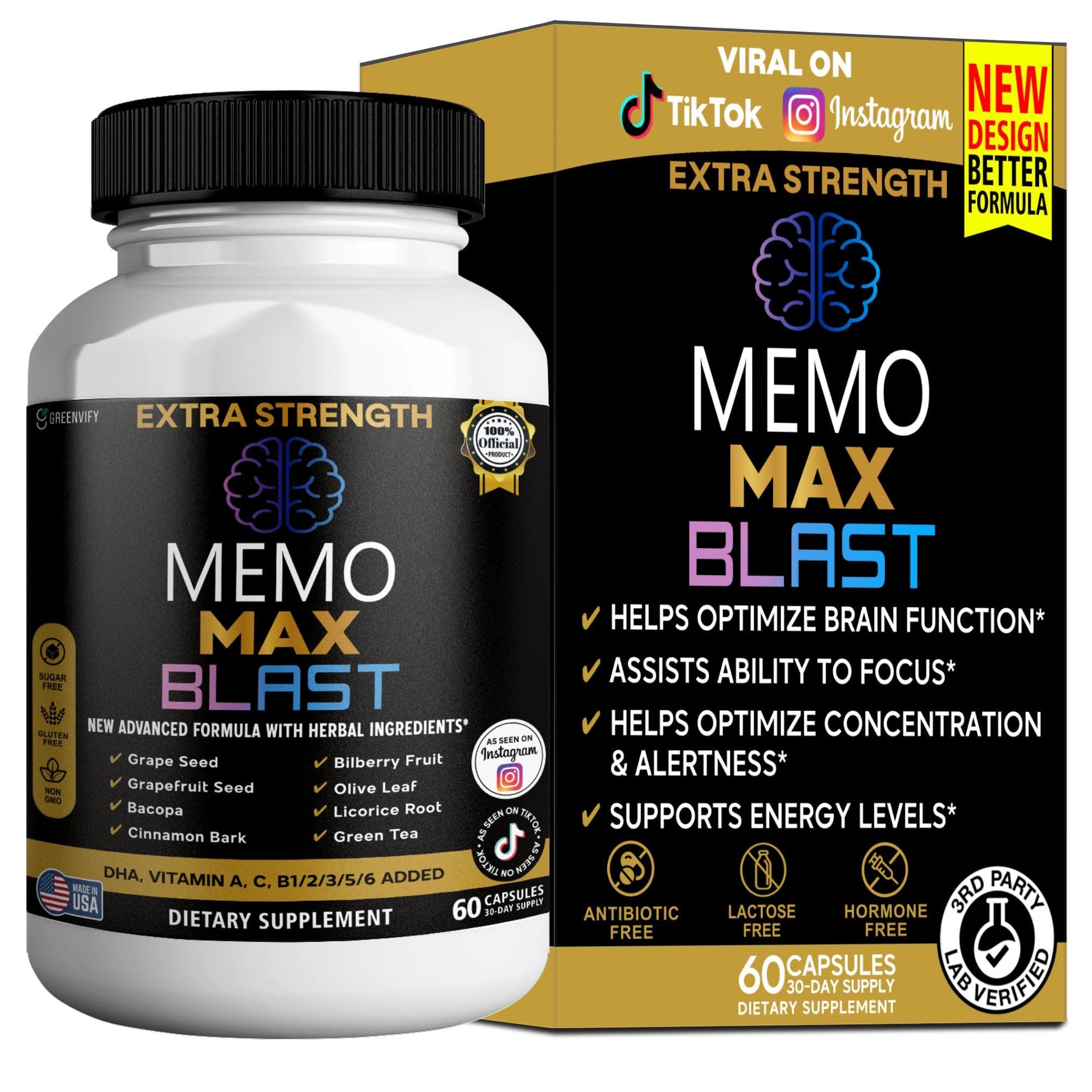 GREENVIFY Memo Max Blast Extra Strength Brain Supplement Capsules, 60 Count
