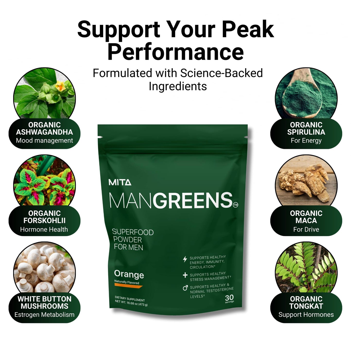 MITA Nutra Man Greens Science Based Dosed Superfood Powder for Men with Tongkat Ali & KSM-66 Ashwagandha & More, 15.87 oz