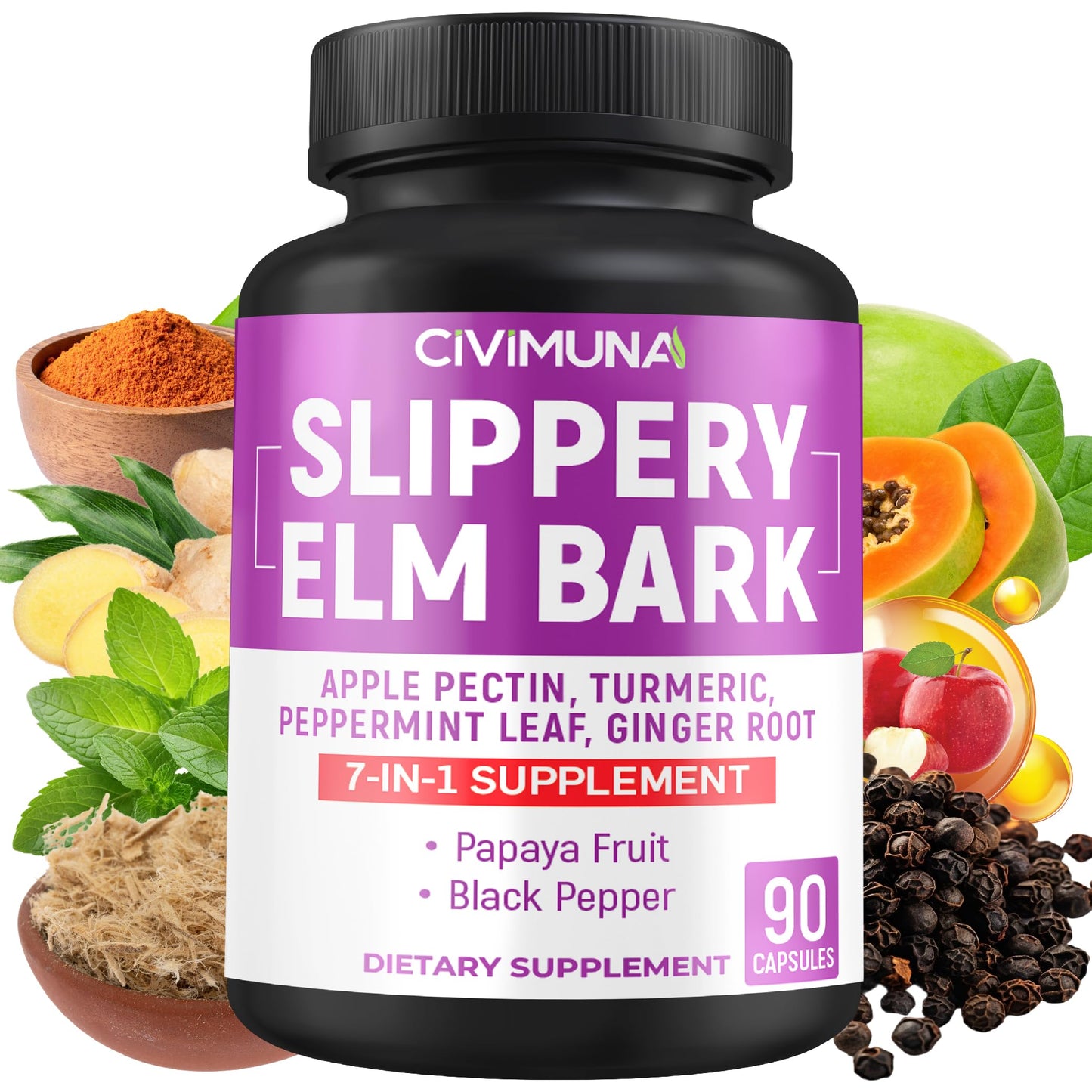 CIVIMUNA Slippery Elm Capsules with Slippery Elm, Papaya Fruit, Apple Pectin, 90 Capsules
