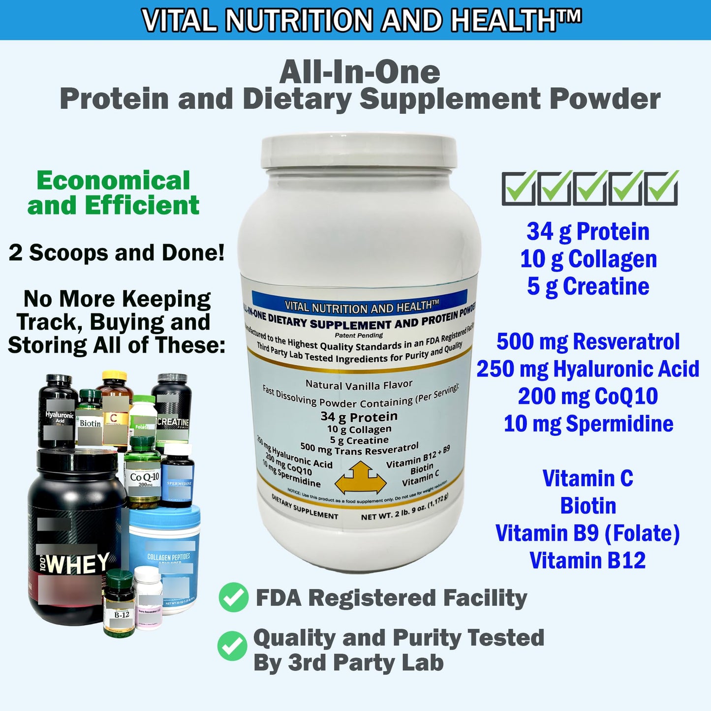 Vital Nutrition and Health All-in-One Powder: Protein, Collagen, Creatine, Resveratrol, Spermidine, Hyaluronic Acid, CoQ10 + Key Vitamins, 41 Servings