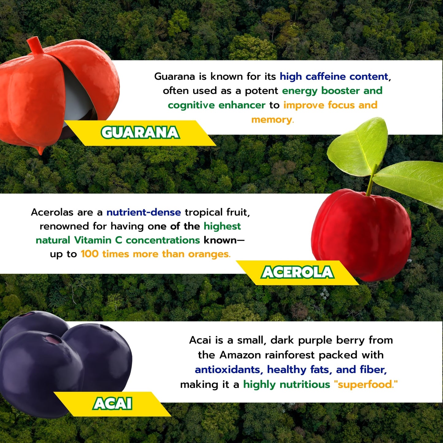 Brazilian Energy Guarana Energy Superfood with Acai and Acerola, High in Antioxidants and Natural Caffeine Powder, 6.9