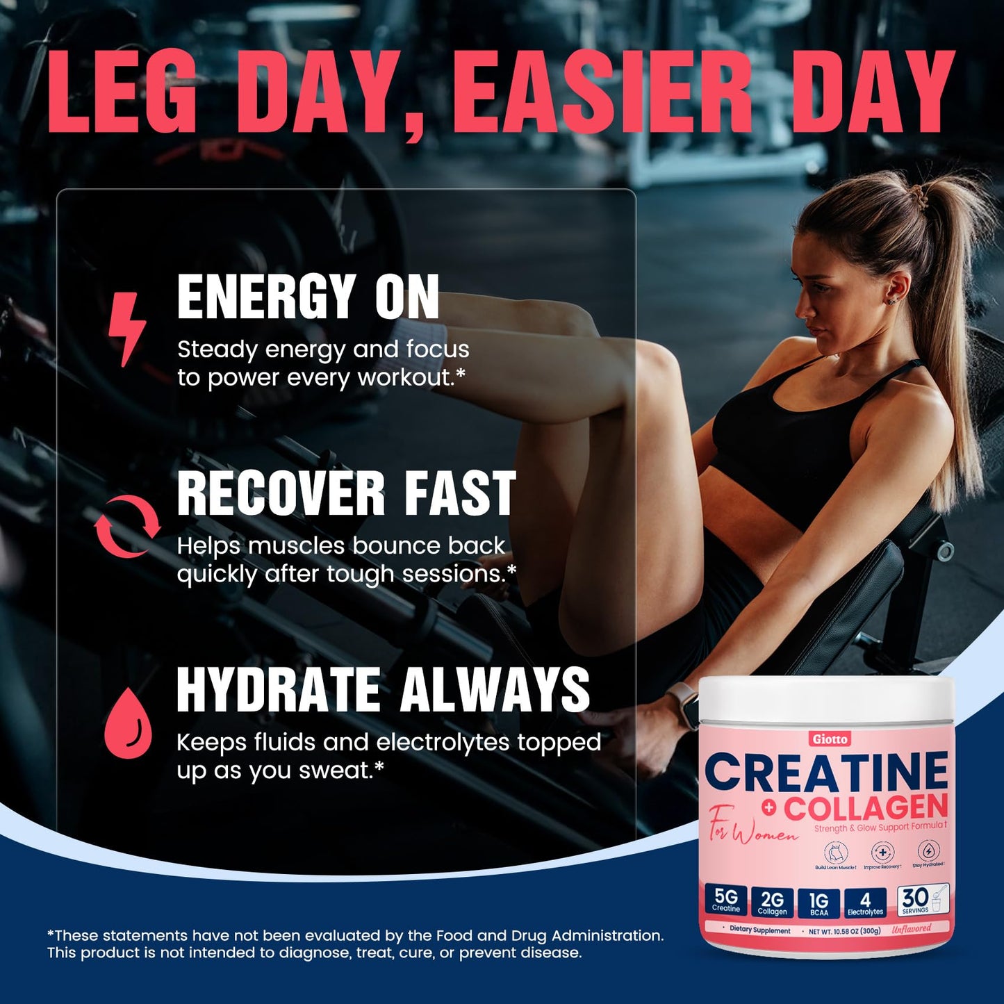 Giotto Creatine Powder for Women – Unflavored, 10.6 oz, 5g Creatine, Collagen, BCAAs & Electrolytes