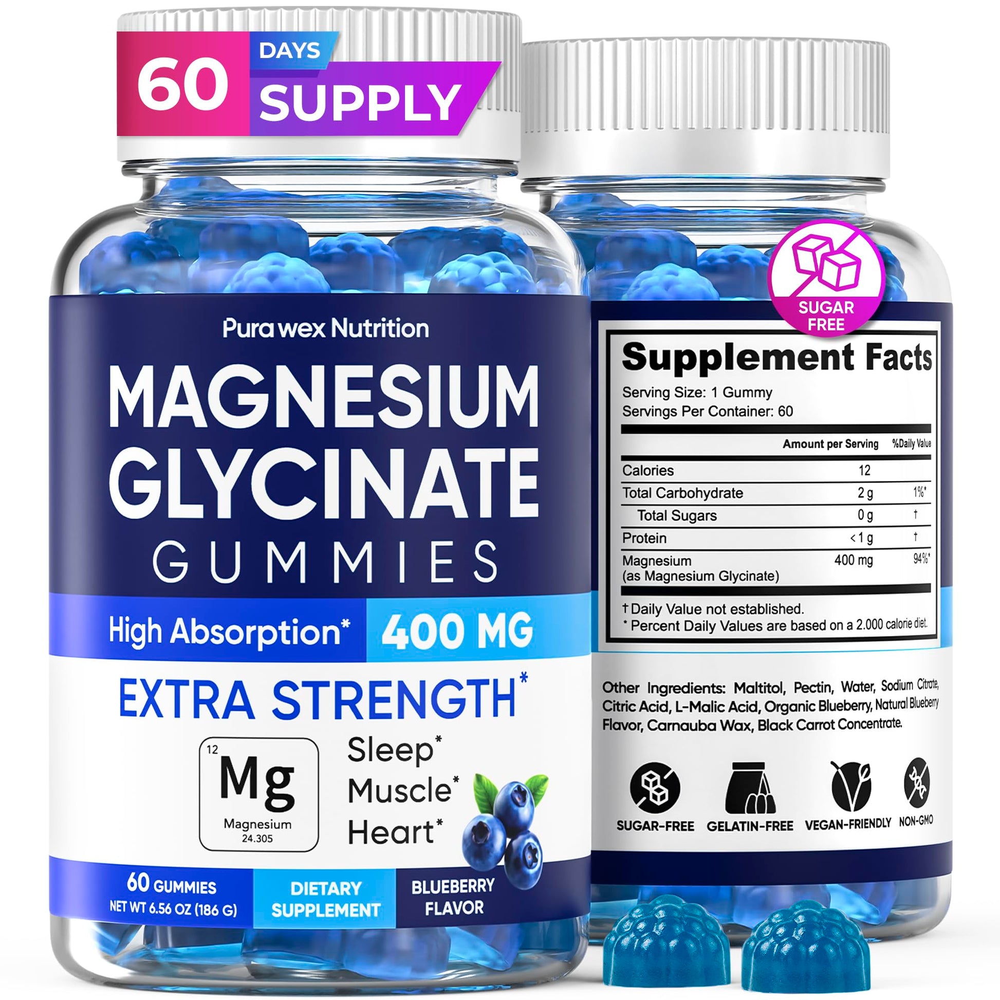 PURA WEX NUTRITION Magnesium Glycinate Gummies 400mg Extra Strength Blueberry Flavor, 60 Gummies