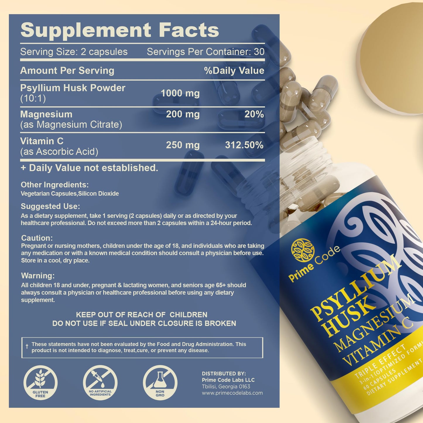 Prime Code Psyllium Husk Capsules with Magnesium Citrate and Vitamin C, 60 Count