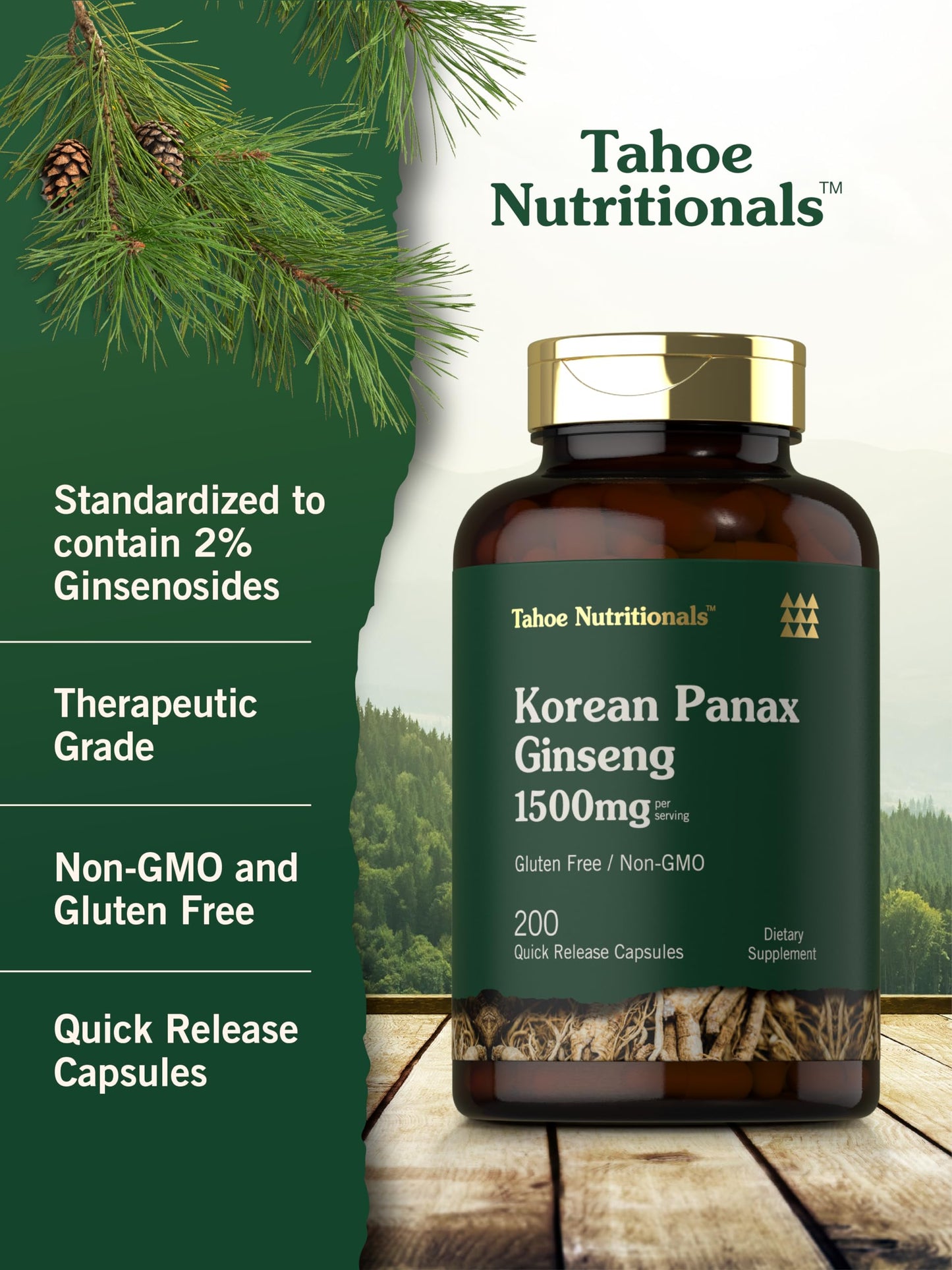 Tahoe Nutritionals Korean Panax Ginseng Extract 1500 mg Capsules, 200 Count