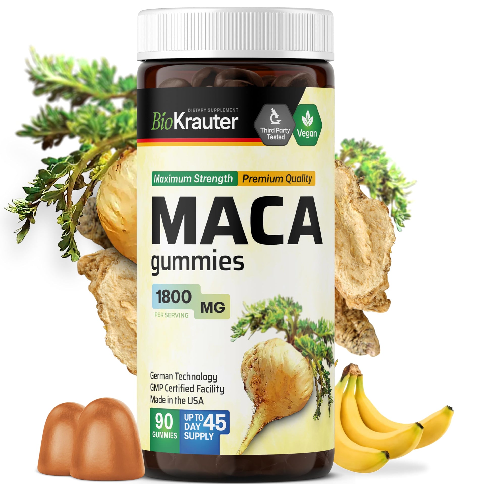 BIO KRAUTER Maca Root for Women and Men - Black, Red & Yellow Maca Supplement 1800 mg, Gummies, 90 Count