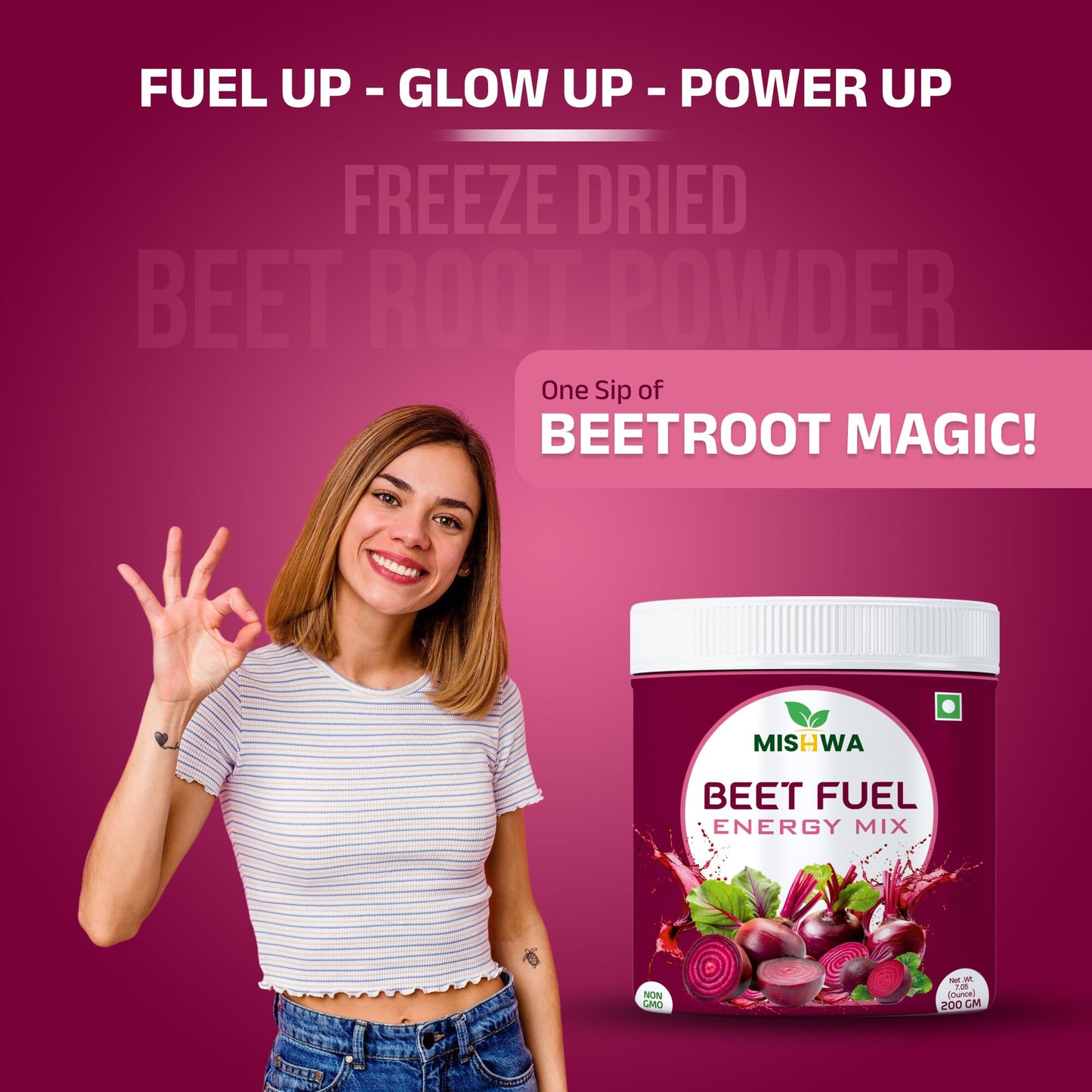 MISHWA Beet Fuel Energy Mix Freeze-Dried Beetroot Powder, 7.06 oz