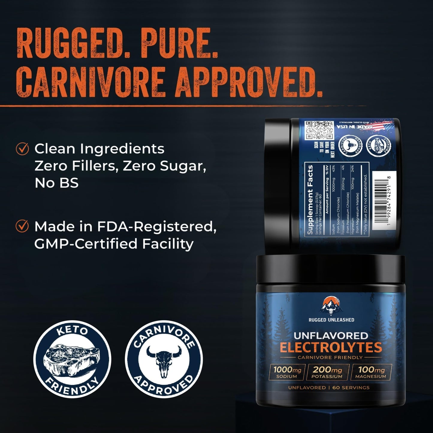 Rugged Unleashed Unflavored Electrolyte Powder, 7.56 Ounce