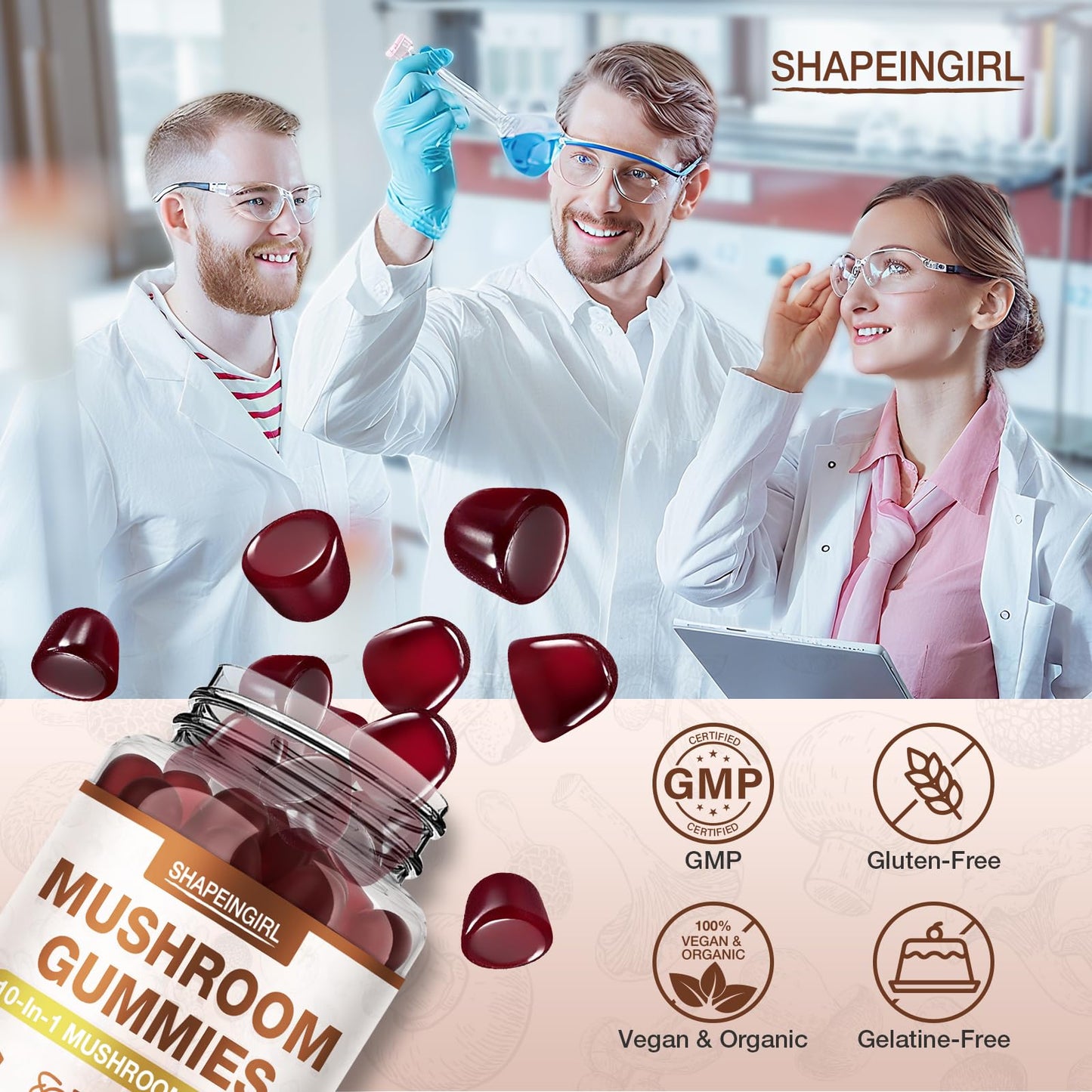 SHAPEINGIRL Mushroom Gummies for Adults 10-in-1 Advanced Blend, 160 Gummies