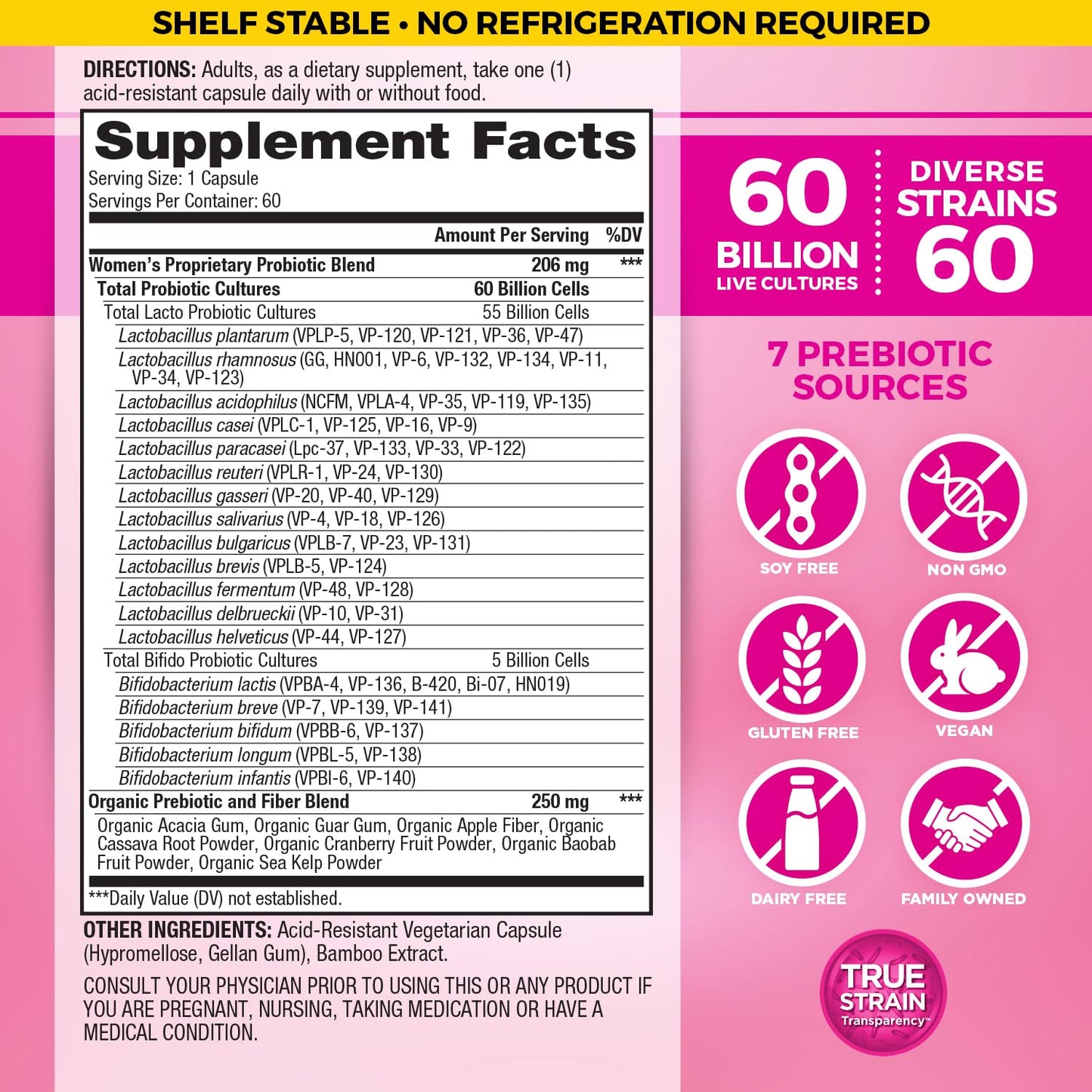 Vital Planet Vital Flora Probiotics for Women 60 Billion CFU, Diverse Strains, Daily Shelf Stable Probiotic with Organic Prebiotics, for Vaginal Support, Immune and Digestive Health, 60 Capsules