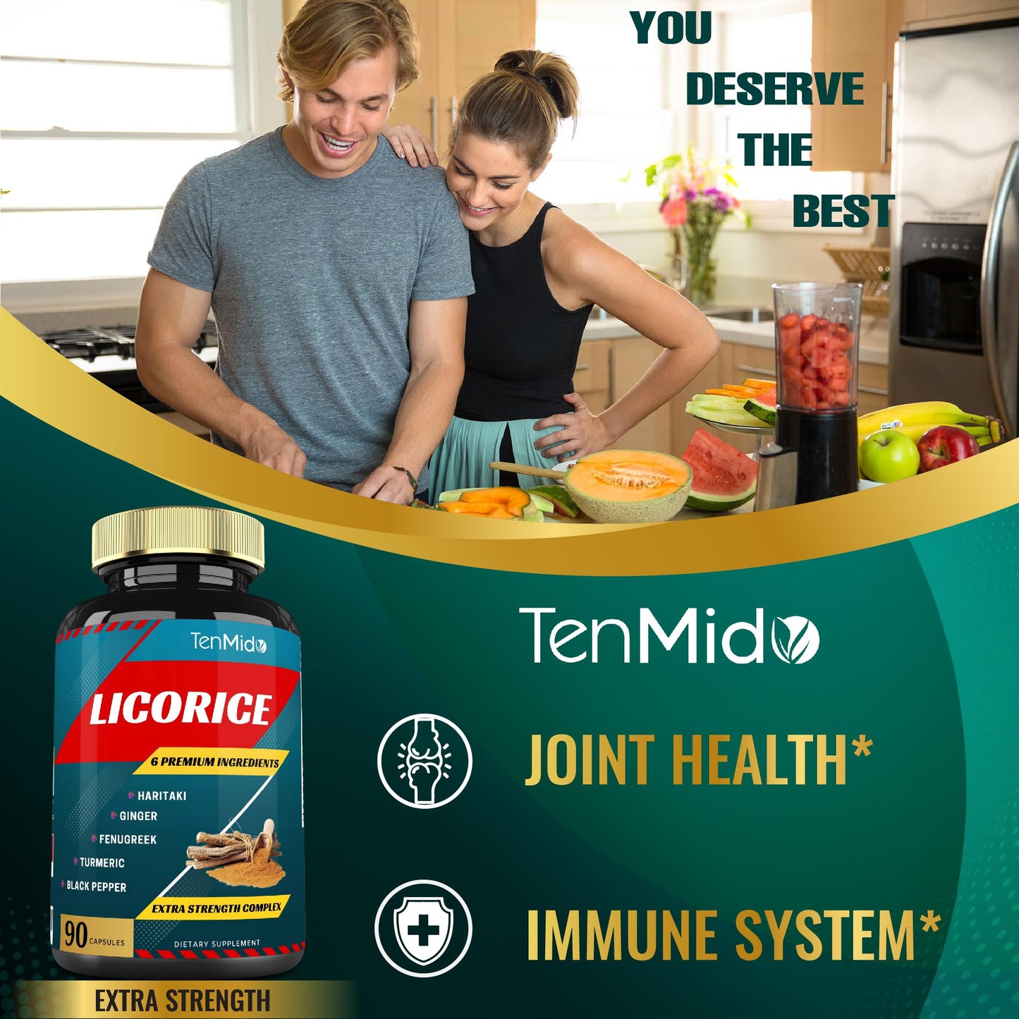 Tenmido Licorice Extract Capsules with Turmeric, Ginger, Fenugreek, Haritaki, Black Pepper - Digestion Support - 90 Count