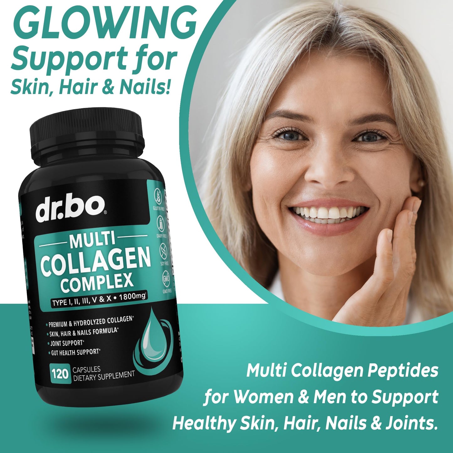 DR. BO Multi Collagen Peptides for Women & Men Type I, II, III, V & X Capsules, 120 Count
