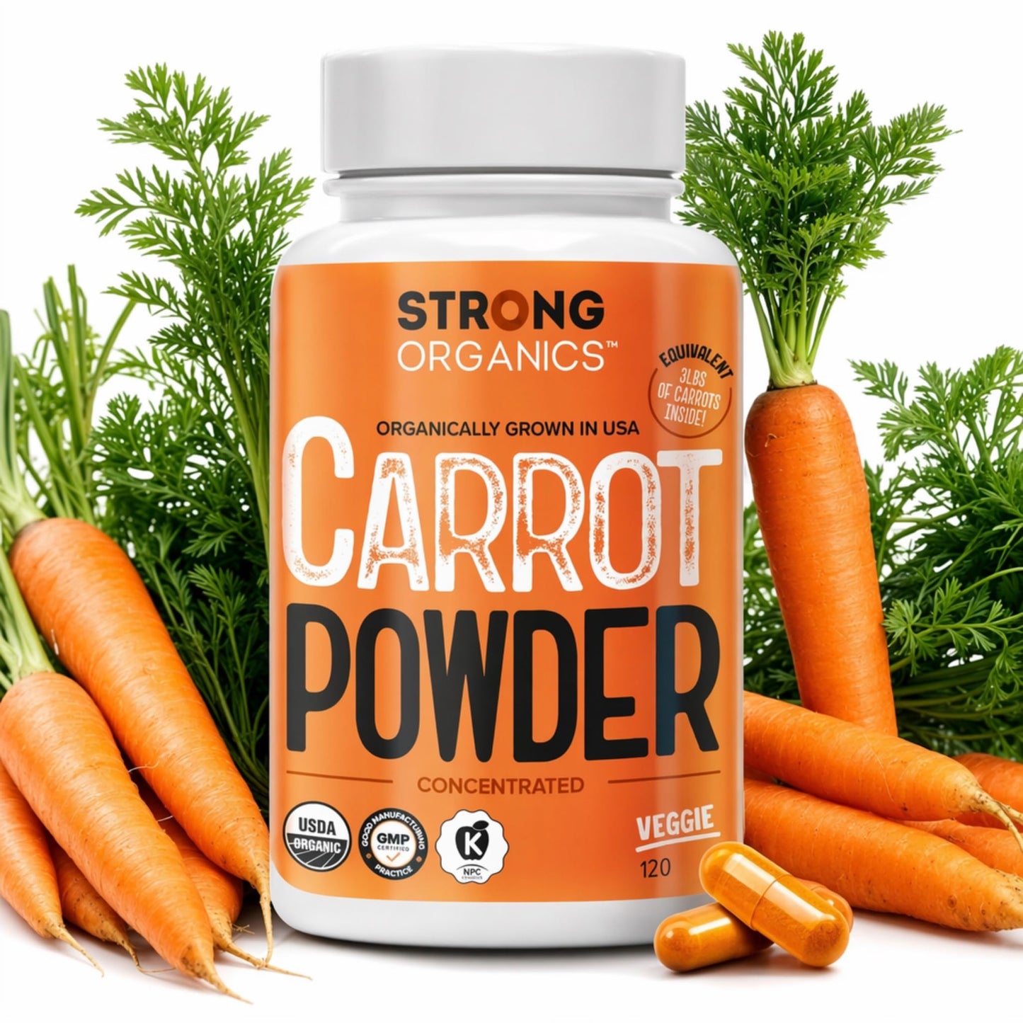 Strong Organics Organic Beta Carotene Eye Vitamins for Adults Carrot Vitamin A Capsule 120 Count