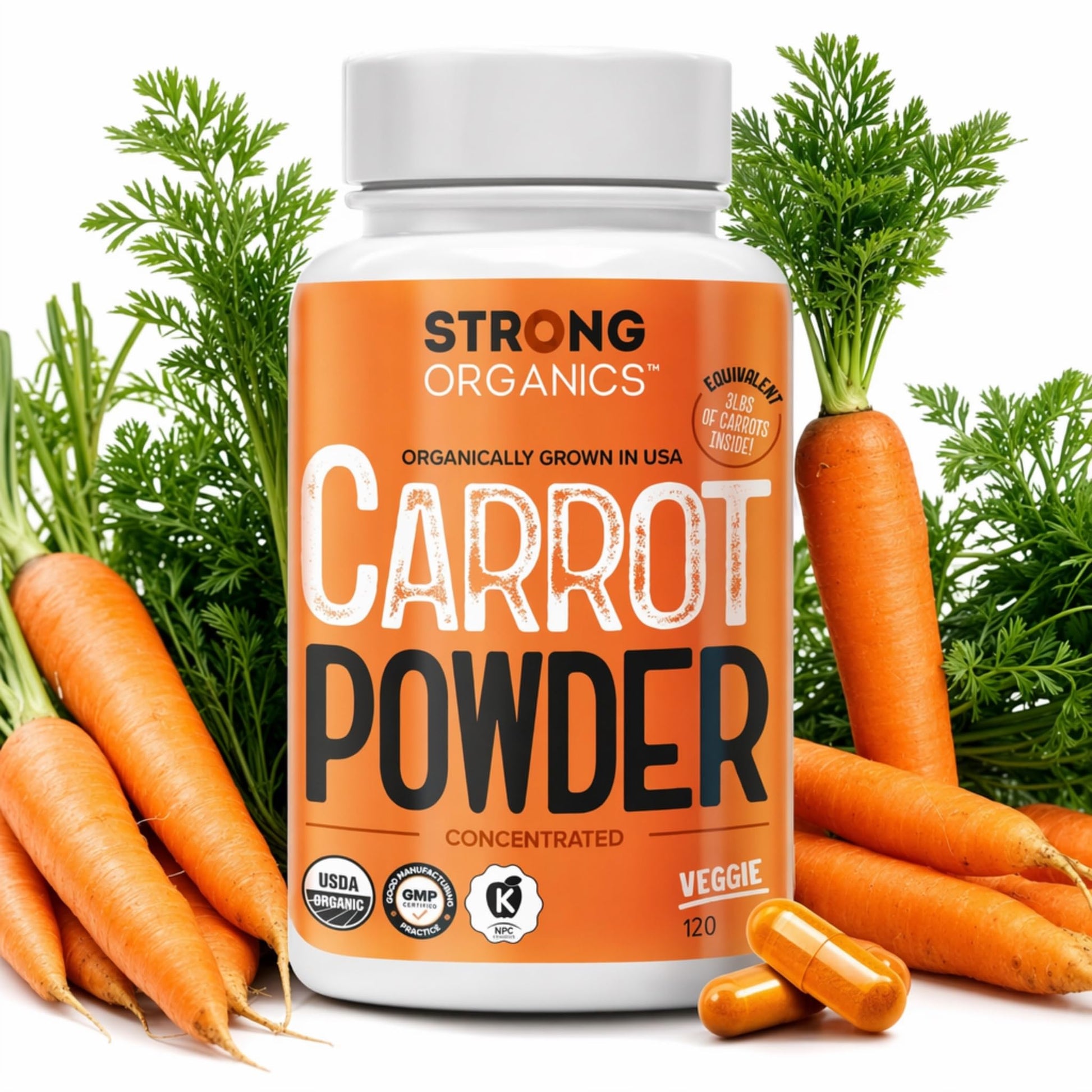 Strong Organics Organic Beta Carotene Eye Vitamins for Adults Carrot Vitamin A Capsule 120 Count