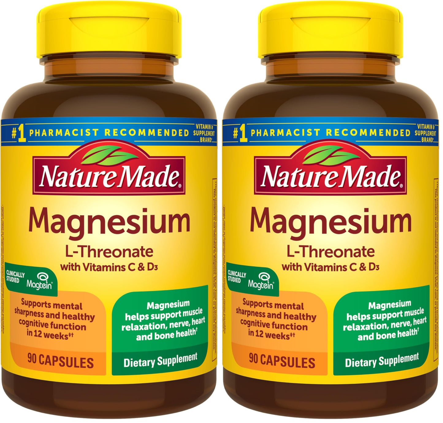 Nature Made Magnesium L-Threonate with Vitamin C & Vitamin D3, 180 Capsules