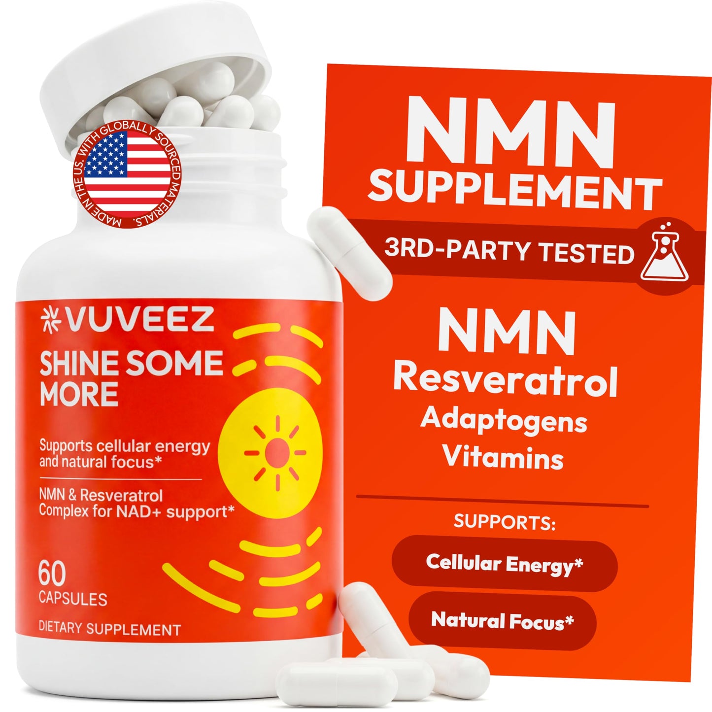 VUVEEZ NAD+ Supplement with NMN, Resveratrol, B12, Ashwagandha, Rhodiola Rosea L, L-Theanine Capsules 60 Count