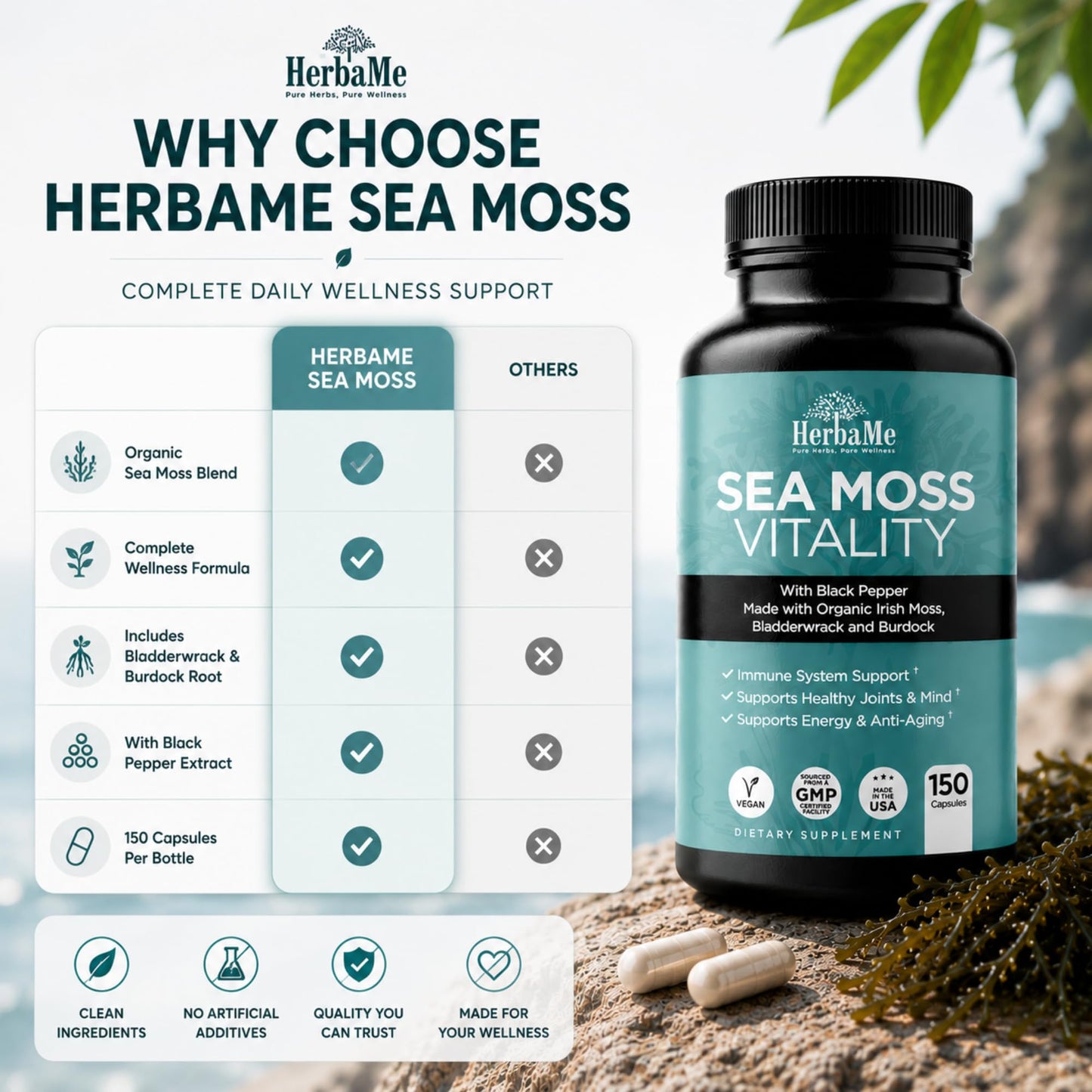 HerbaMe Organic Irish Sea Moss Supplement with Bladderwrack & Burdock, 150 Capsules