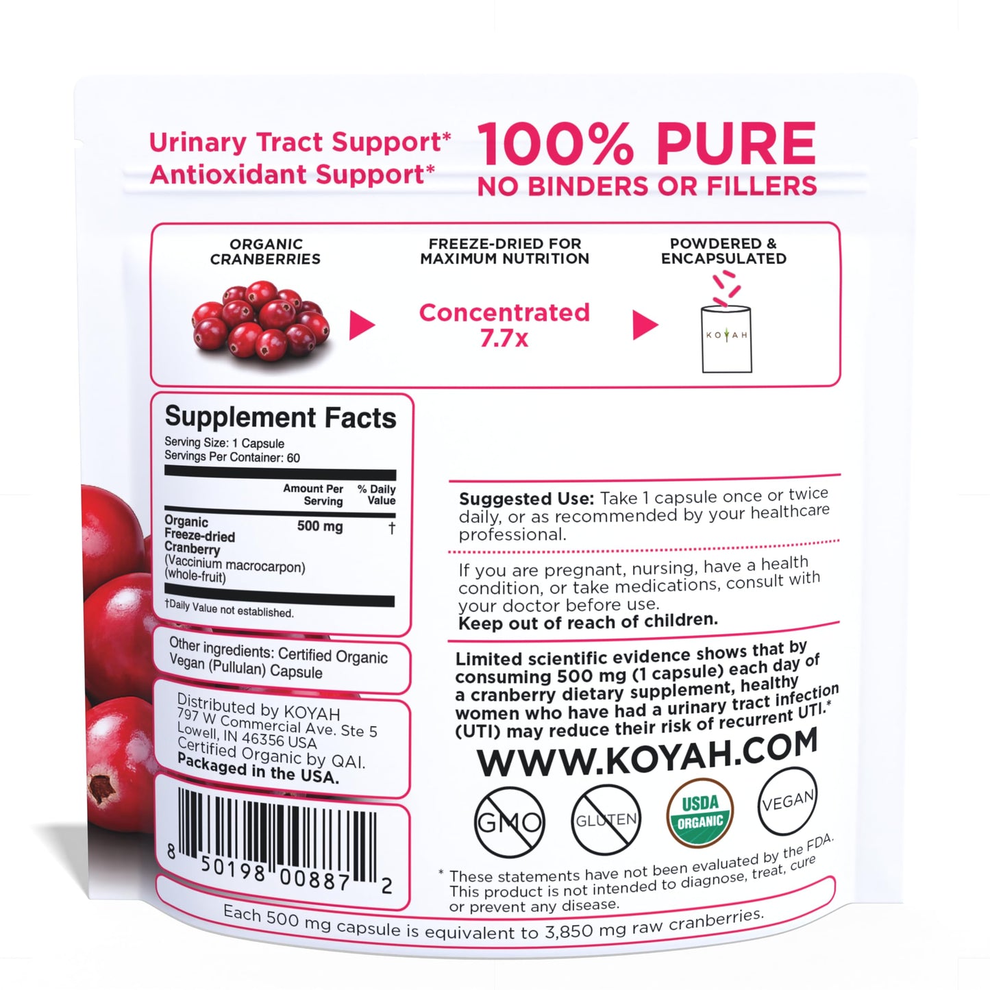 KOYAH Organic Cranberry, Freeze-Dried Capsules, 60 Count