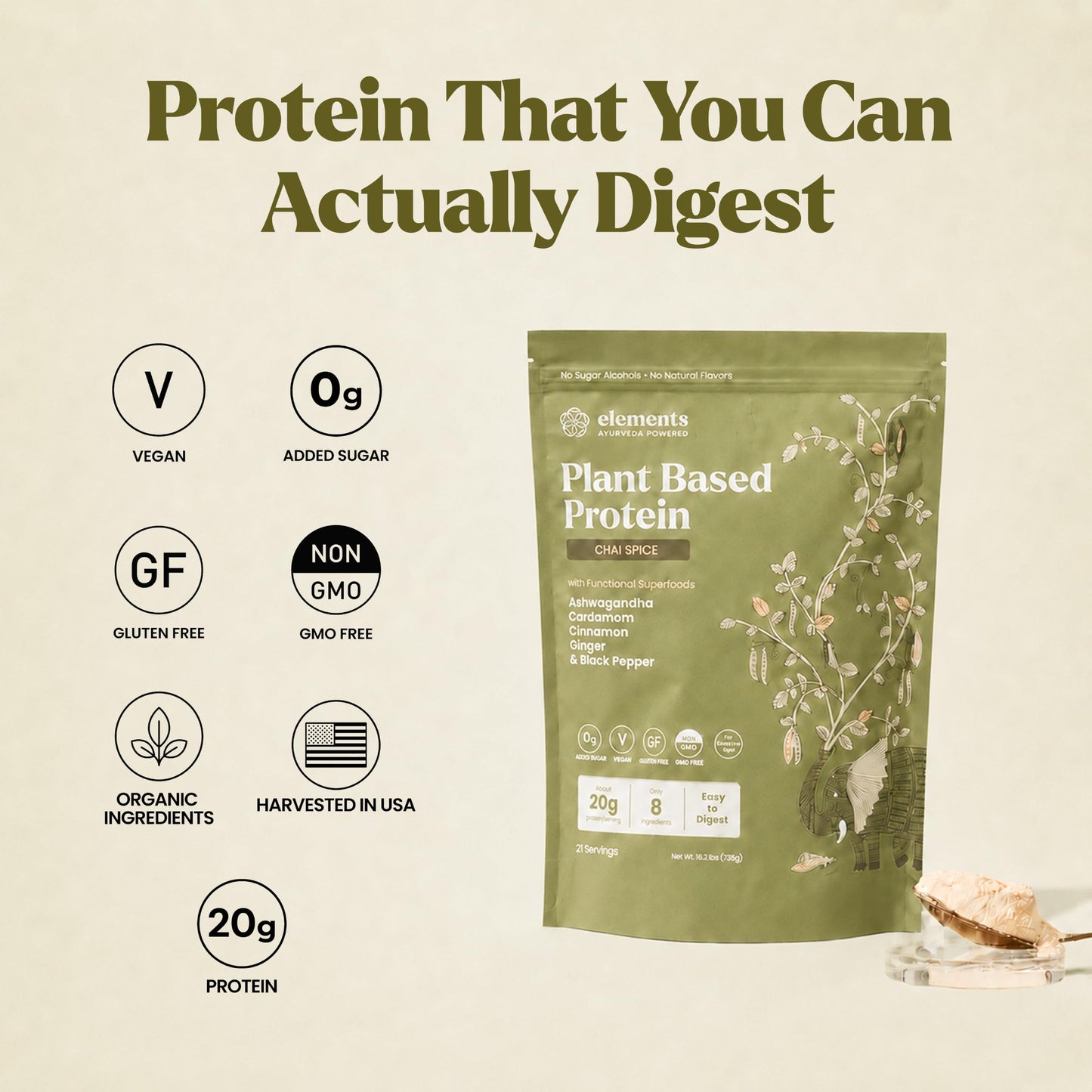 Elements Chai Spice Plant Protein Powder, 25.5 Servings