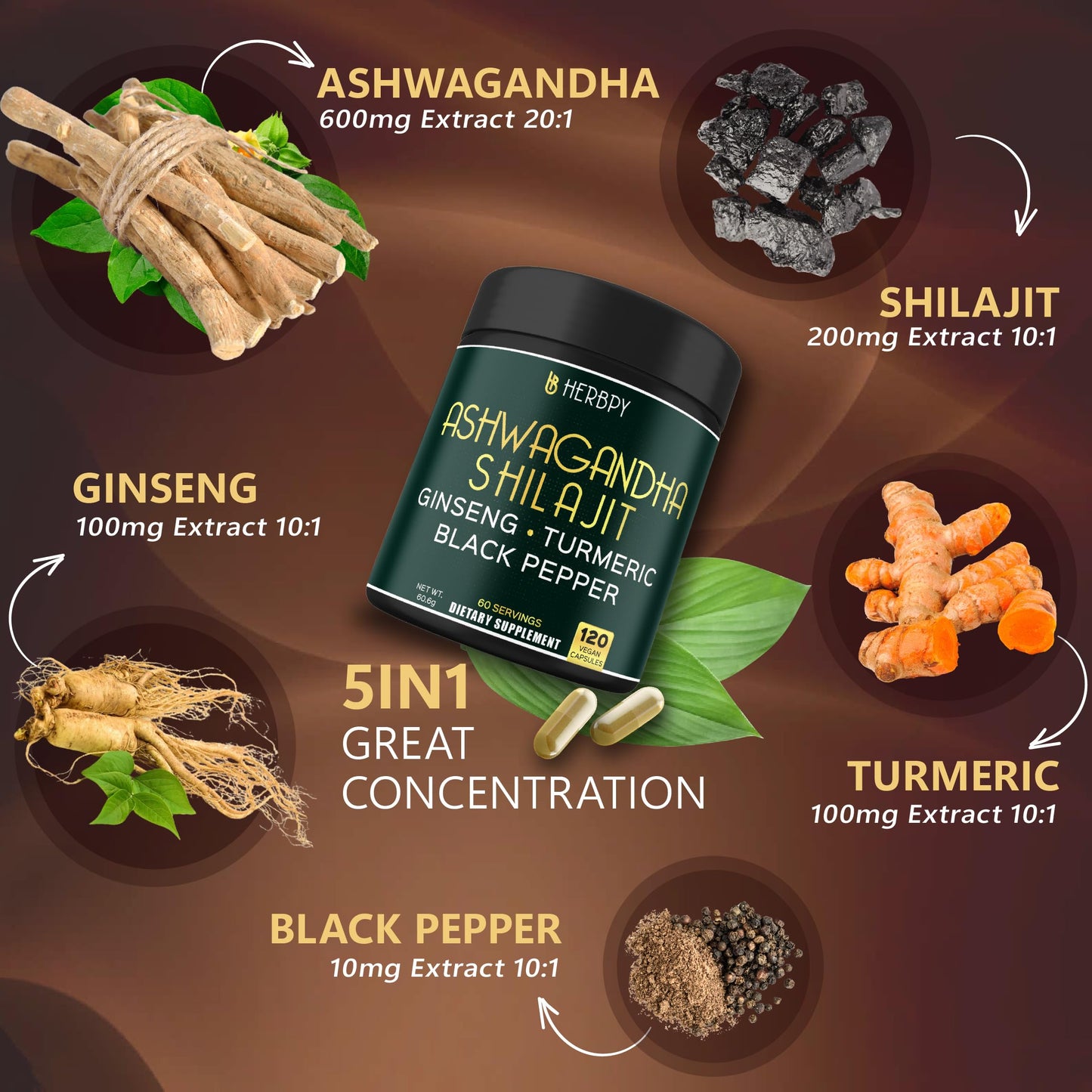 Herbpy 5in1 Ashwagandha Extra Strength with Shilajit for Stamina, Energy & Relaxation Support - Plus Ginseng, Turmeric Root & Black Pepper Capsules, 120 Count