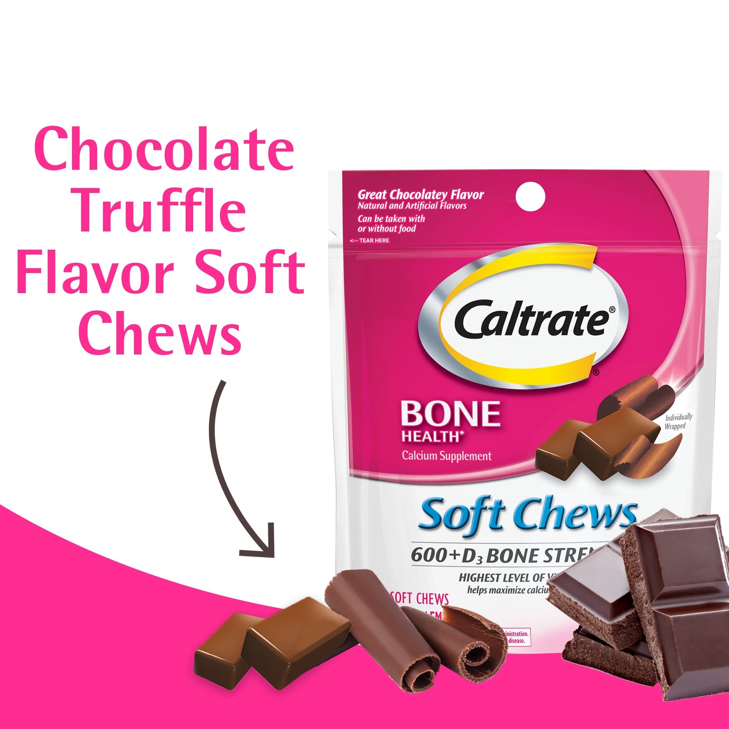 Caltrate Soft Chews 600 Plus D3 Calcium Vitamin D Supplement, Chewable, 60 Count