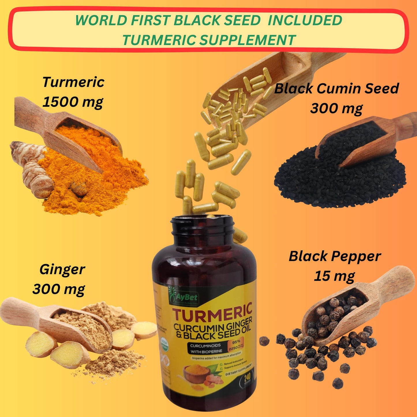 AyBet World 1st Turmeric Curcumin Ginger & Black Seed Oil Capsules, 240 Count