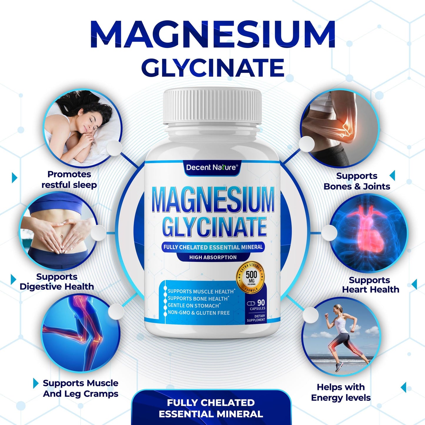 DECENT NATURE Magnesium Glycinate 500mg Magnesium Supplement - Chelated for High Absorption & Bioavailability, Vegan Non-GMO, 90 Capsules