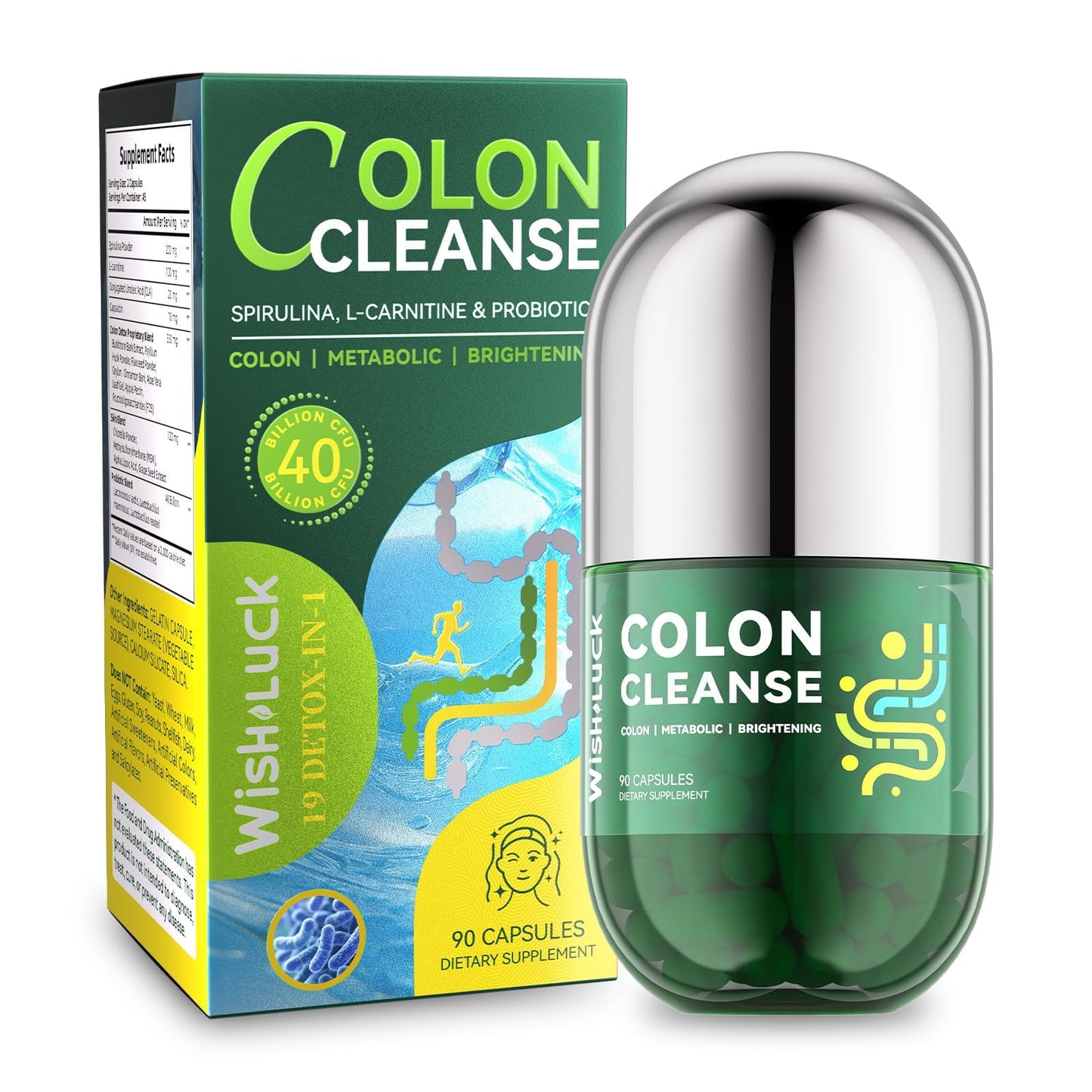 WISH LUCK Colon Cleanse for Women: Gut Cleanse Supplement with Probiotics & Psyllium Husk for Gentle Detox Digestive Balance and Metabolic Support with L-Carnitine Non-GMO, 90 Capsules