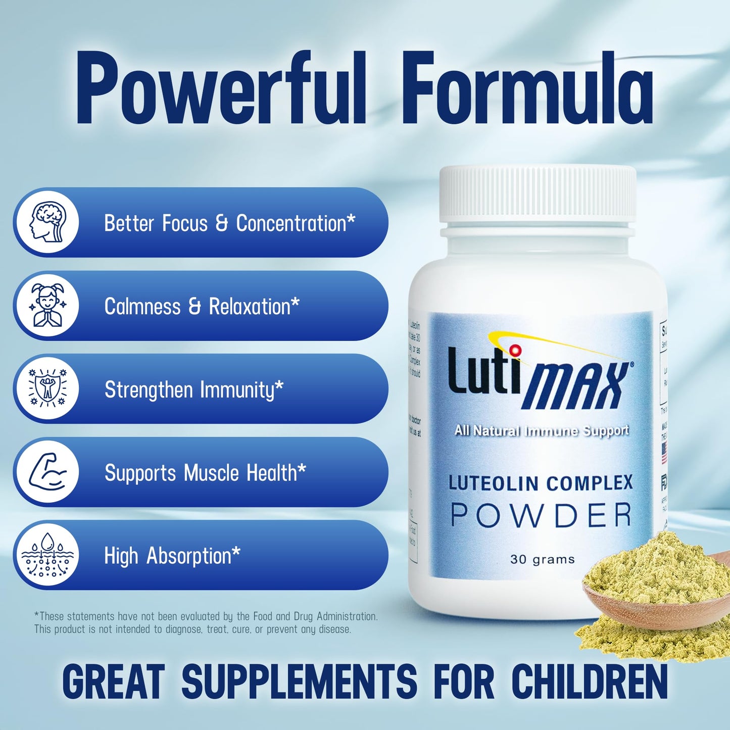 Luti Lutimax Luteolin Complex Powder Brain Supplement with Rutin - Nootropic Brain Supplements for Memory and Focus to Improve Brain Health - Antioxidant Supplement for Immune Support, Powder, 1.05 Ounce