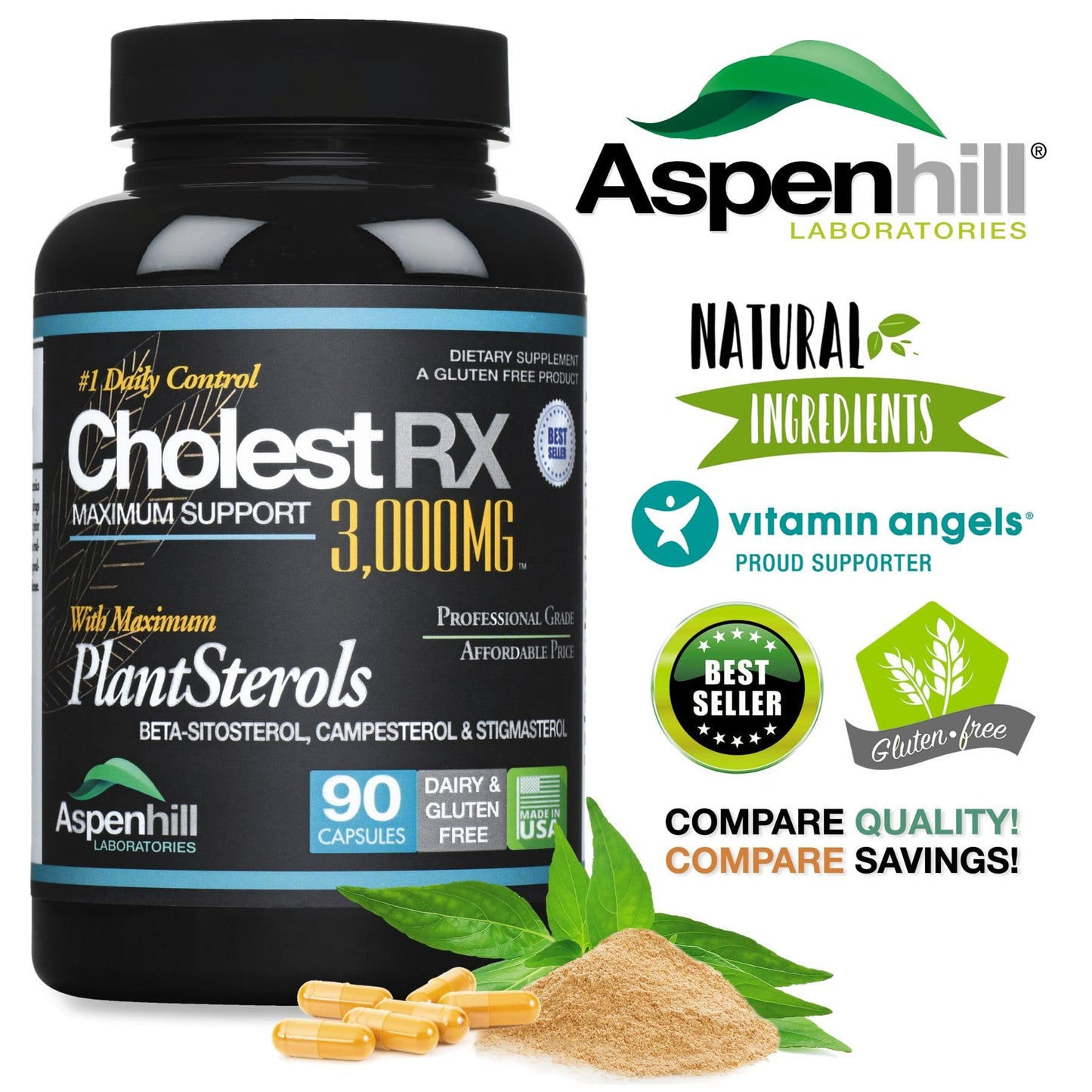 Aspenhill Laboratories Triple Strength PhytoSterol Complex - CholestRX - Beta-Sitosterol - 3,000mg for Maximum Support, Gluten Free, 90 Capsules