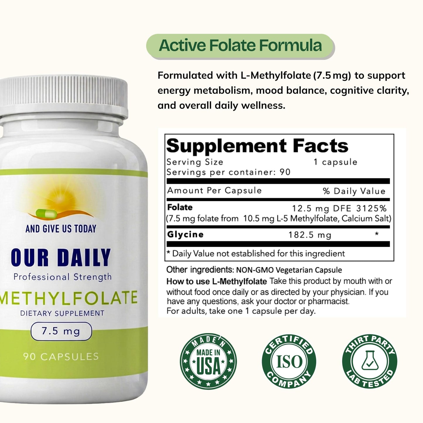 Our Daily Vites L-Methylfolate 7.5mg – Active 5-MTHF Methylated Folate Supplement for Brain Health, Focus & Mood Support, 90 Capsules