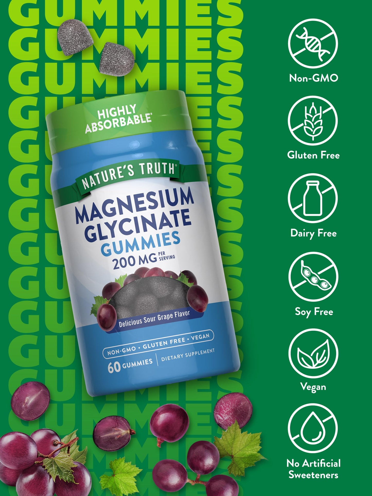 Nature's Truth Magnesium Glycinate Gummies for Adults 200mg 60 Count