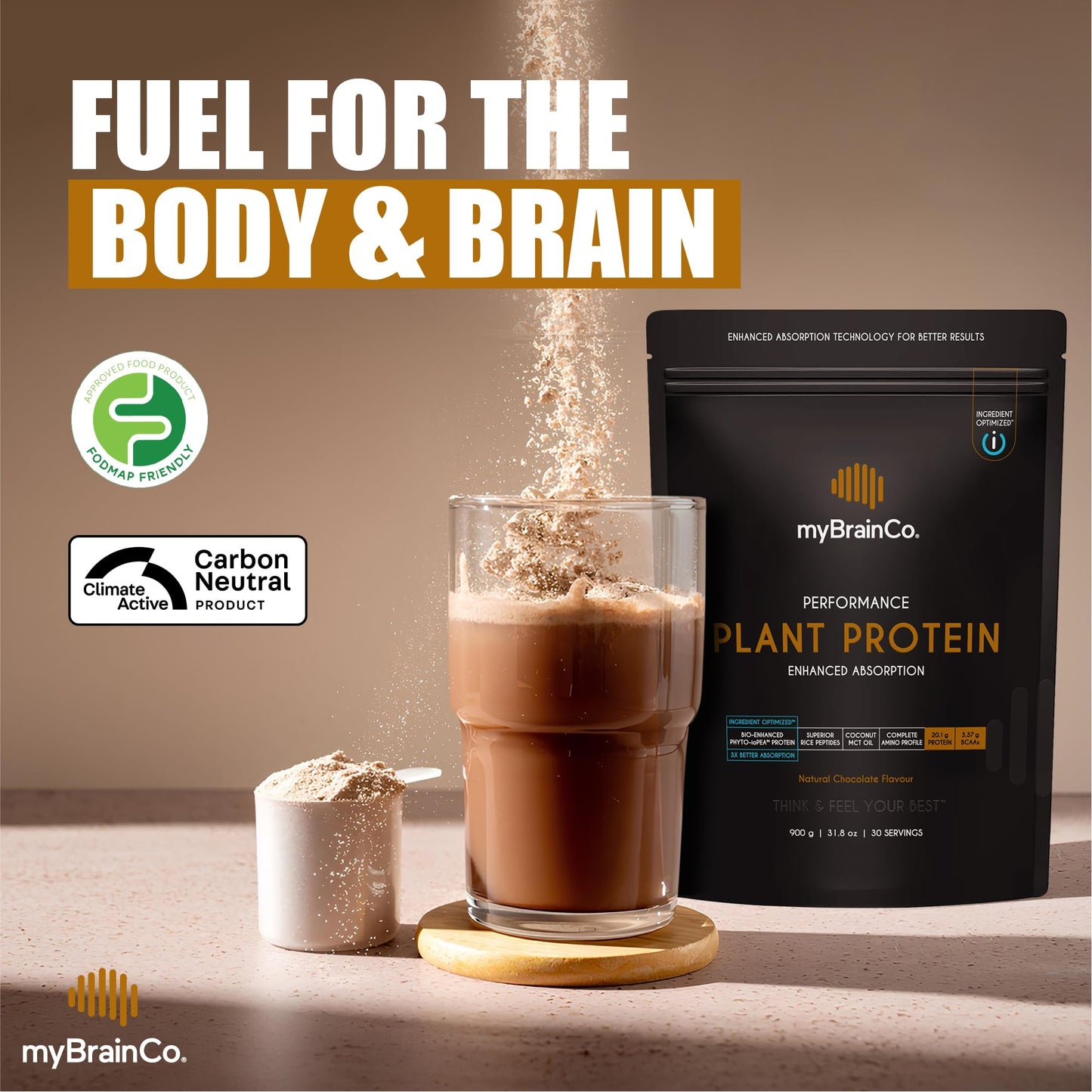 myBrainCo. Bio-Optimized Plant Protein Powder, 15.9 oz, Natural Chocolate