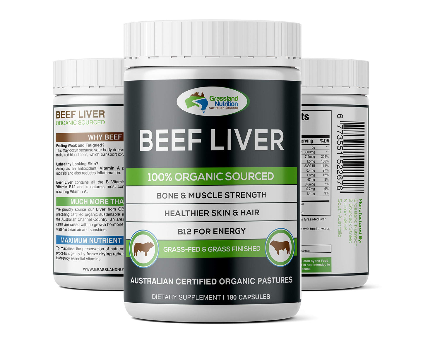 Grassland Nutrition Grass Fed Beef Liver 100% Organic Sourced — Natural B12 for Energy, Iron & Vitamin A (180 Capsules)
