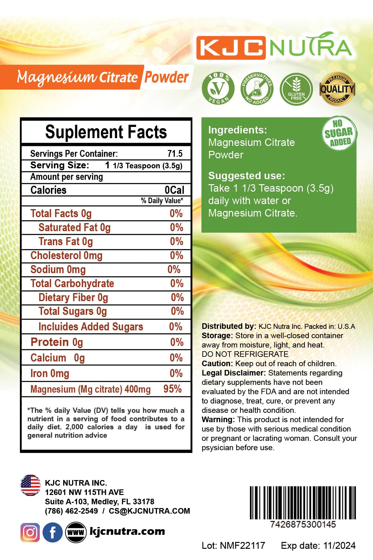 KJC Nutra Magnesium Citrate Powder 17.6 Ounce