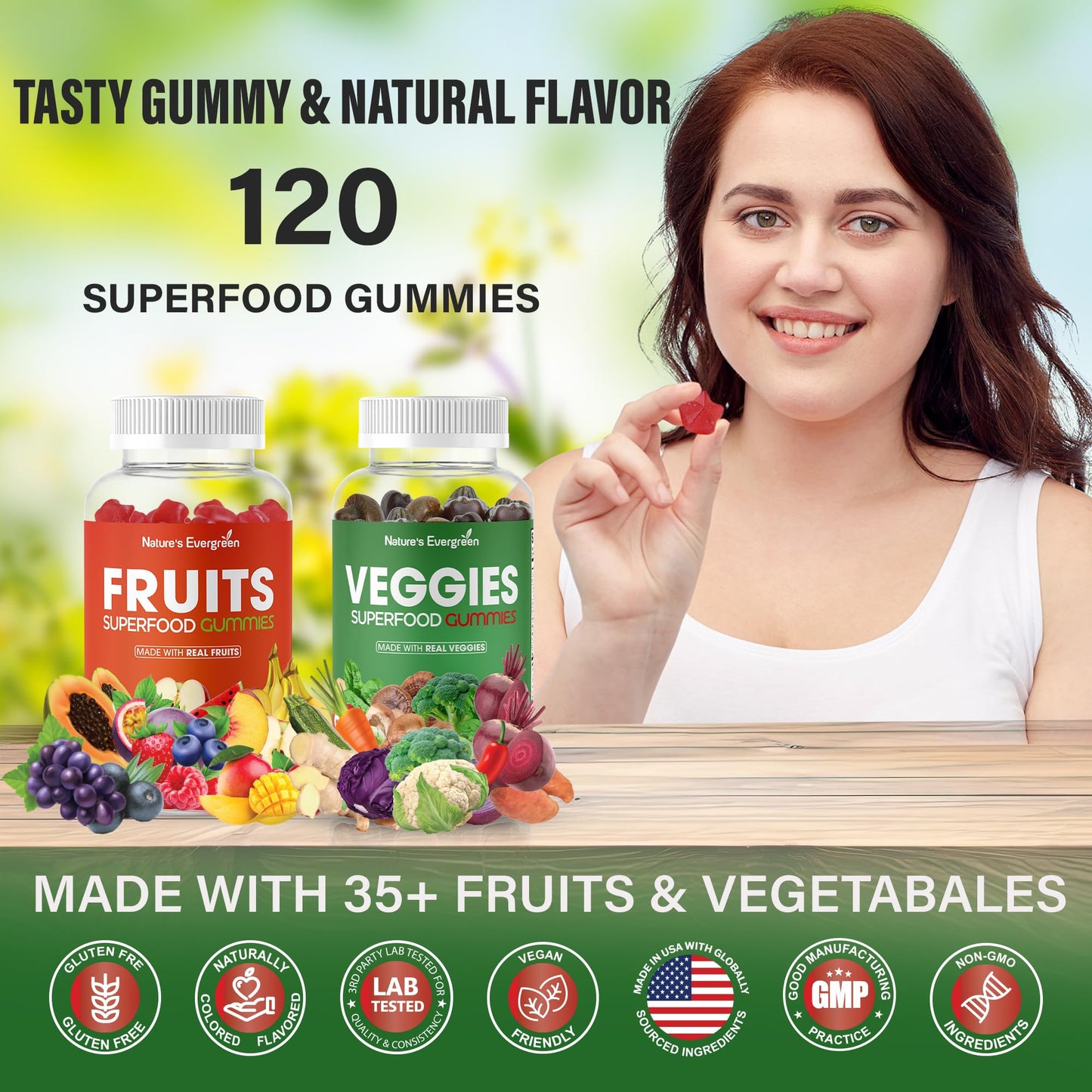 Nature's Evergreen Fruits and Veggies Superfood Gummies - Vegan, Non-GMO, Gluten-Free - 120 Gummies (Pack of 2)