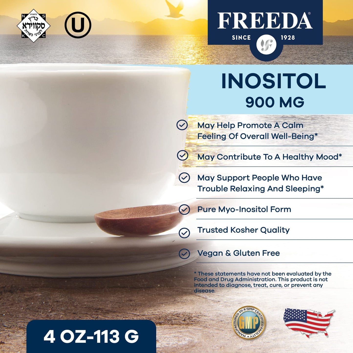 FREEDA Pure Myo-Inositol Powder, 4 oz