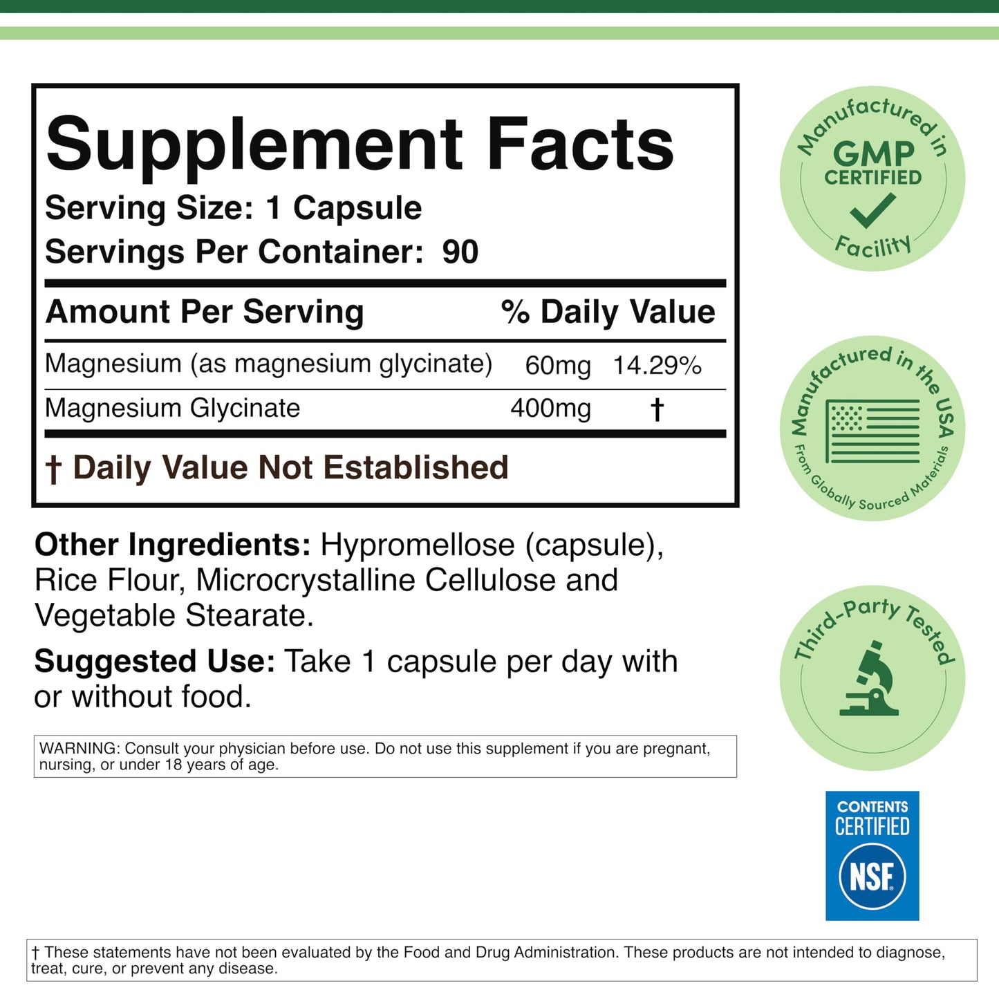 Double Wood Supplements Magnesium Glycinate 400mg 90 Capsules