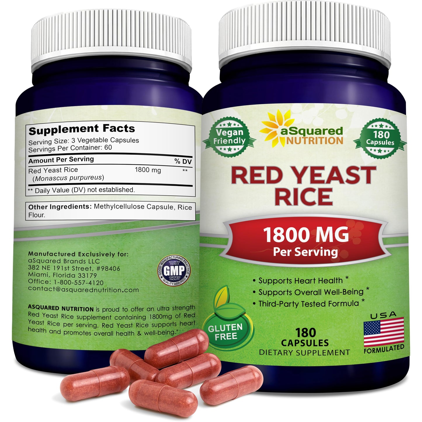 aSquared Nutrition Red Yeast Rice 1800mg Capsules 180 Count