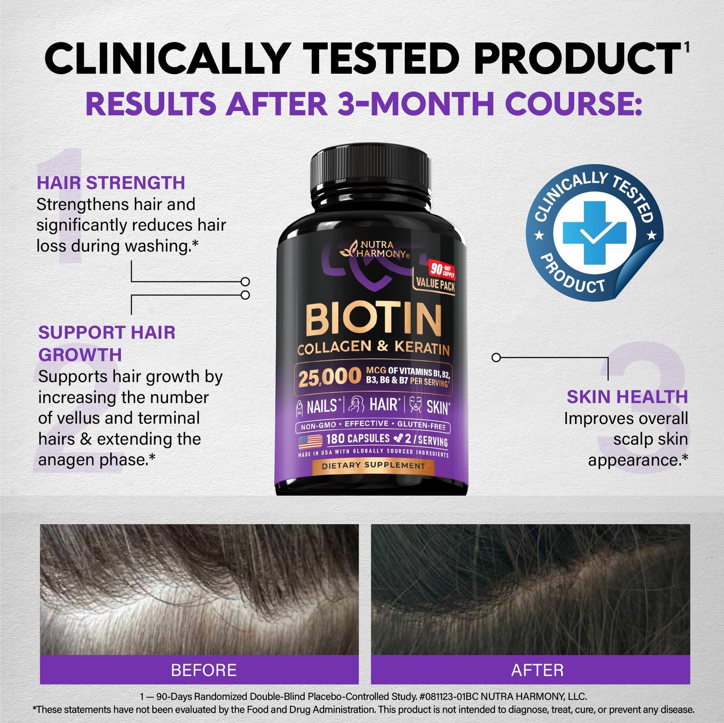NUTRAHARMONY Biotin Collagen Hyaluronic Acid Keratin Hair, Skin & Nails Support Capsules, 180 Capsules