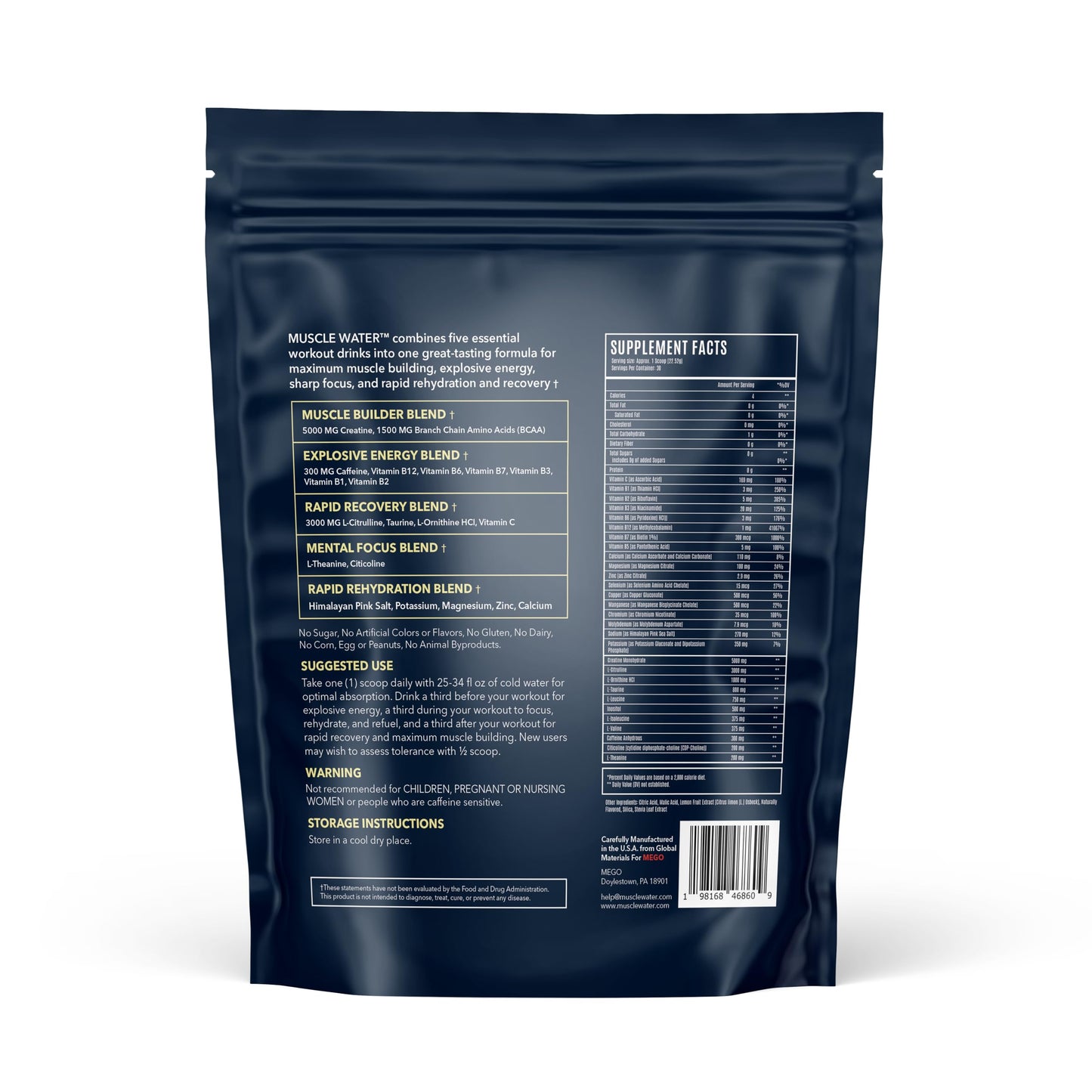 MEGO Muscle Water Pre Workout Powder, 30 Servings