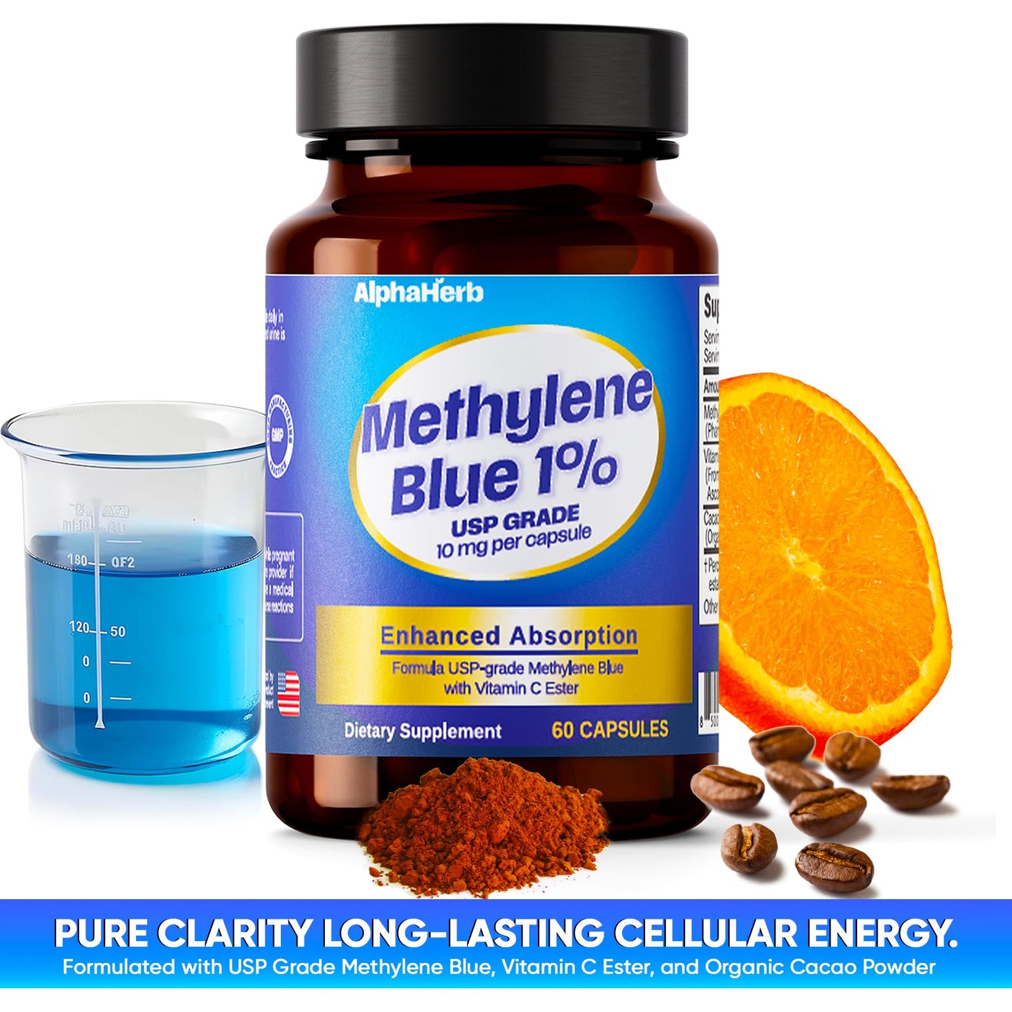 AlphaHerb Methylene Blue Pharmaceutical Grade, USP Grade – Enhanced Absorption with Vitamin C Ester & Cacao Powder – Energy, Antioxidant Support & Cognitive Focus Capsule 1