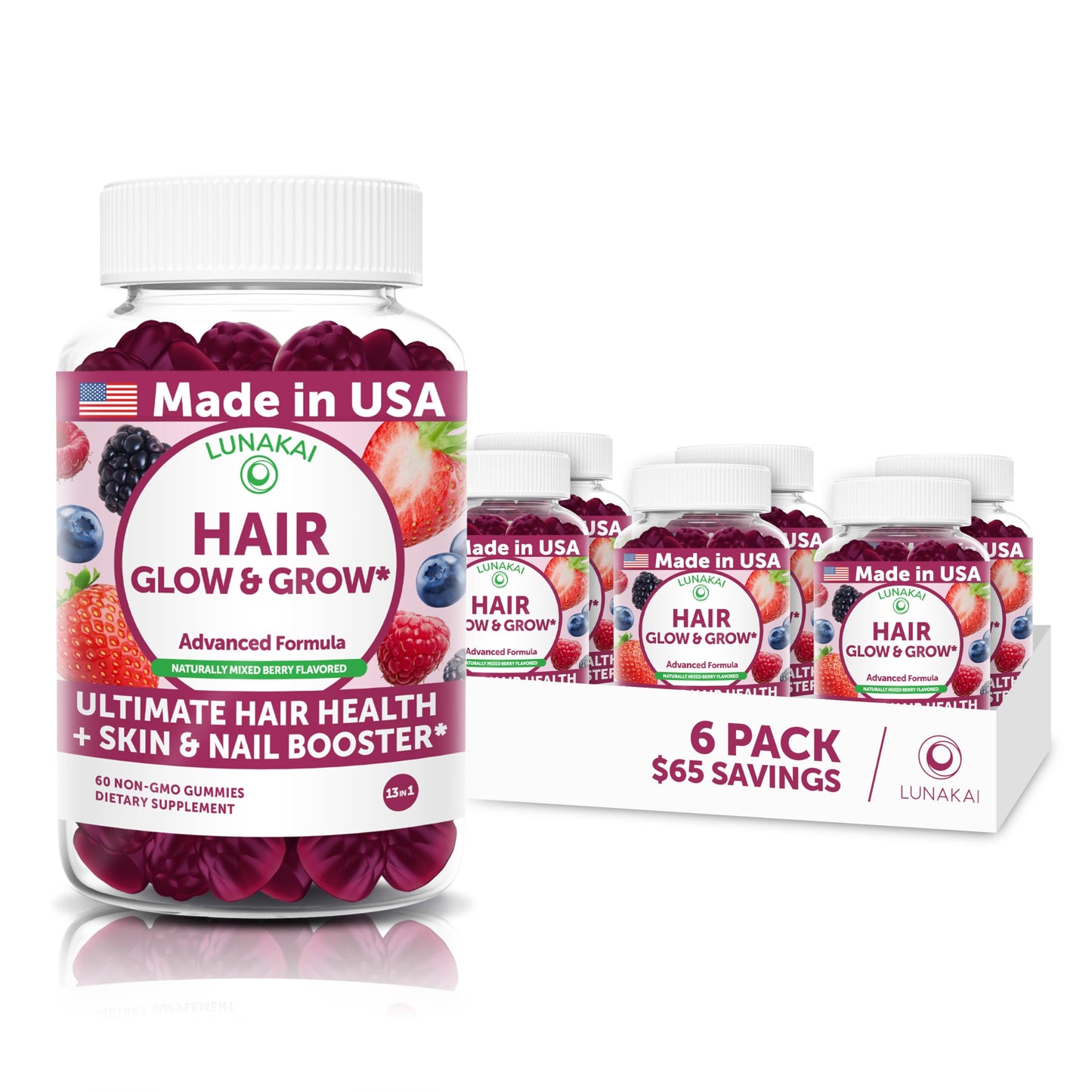 Lunakai USA Made Super Hair Gummies with Biotin, Zinc, Horsetail Extract & Saw Palmetto - Hair Growth Vitamins for Women & Men - Supports Thicker, Longer, Stronger Tresses, Skin & Nails, 360 Gummies