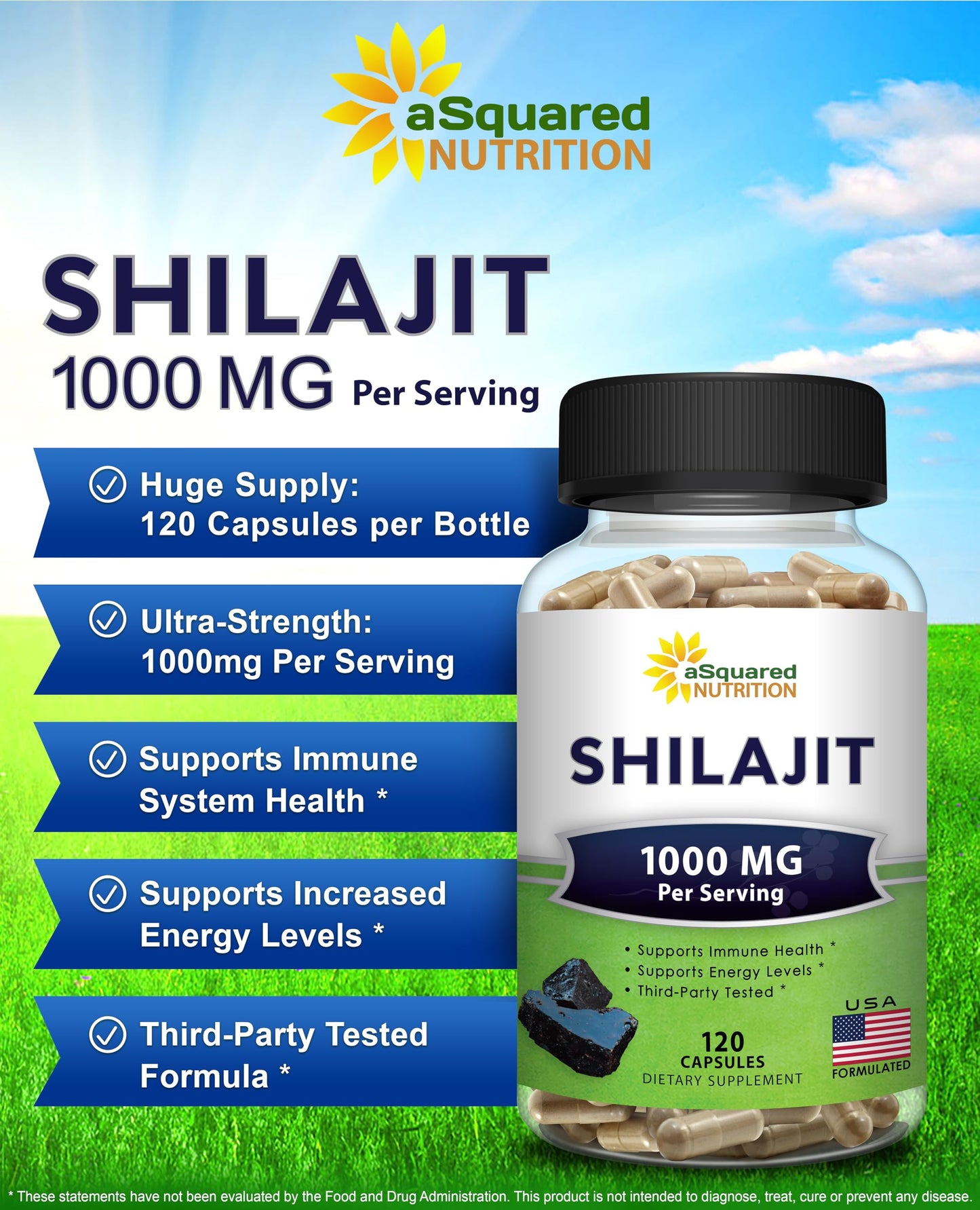 aSquared Nutrition Shilajit 1000mg Capsules, 120 Count
