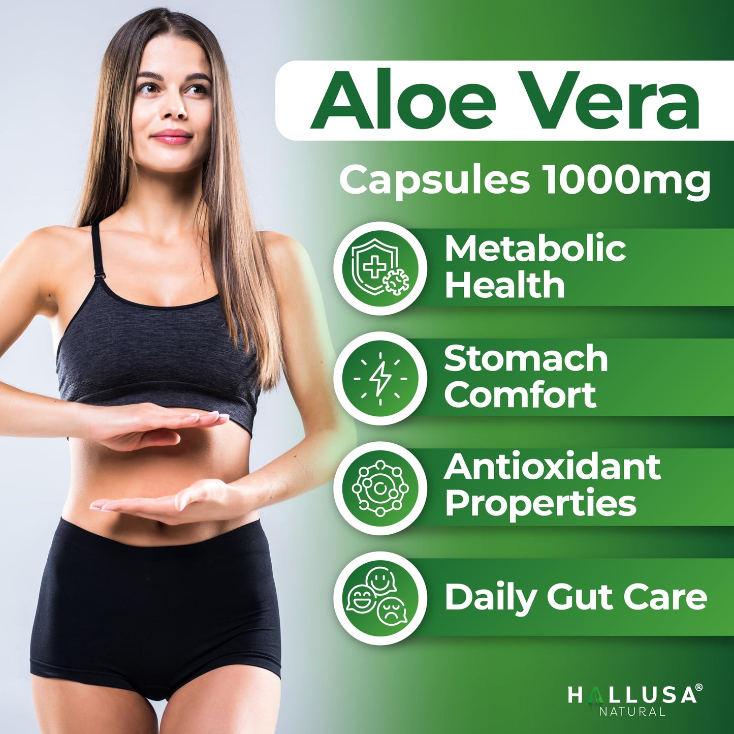 Hallusa Natural HallAloe Aloe Vera Supplement Capsules, 1000mg per Serving, 60 Count