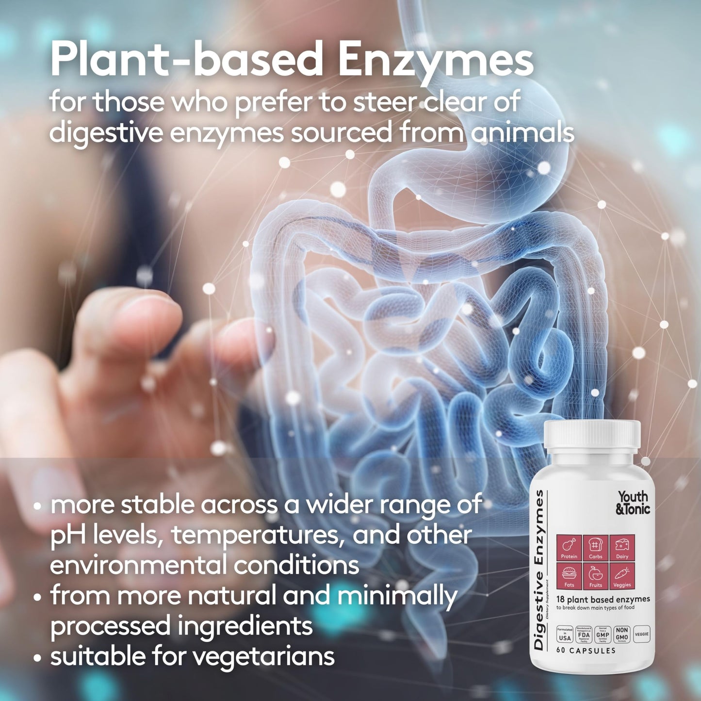 Youth & Tonic Digestive Supplement for Bloating, Regularity & Gut Health 120 Capsules